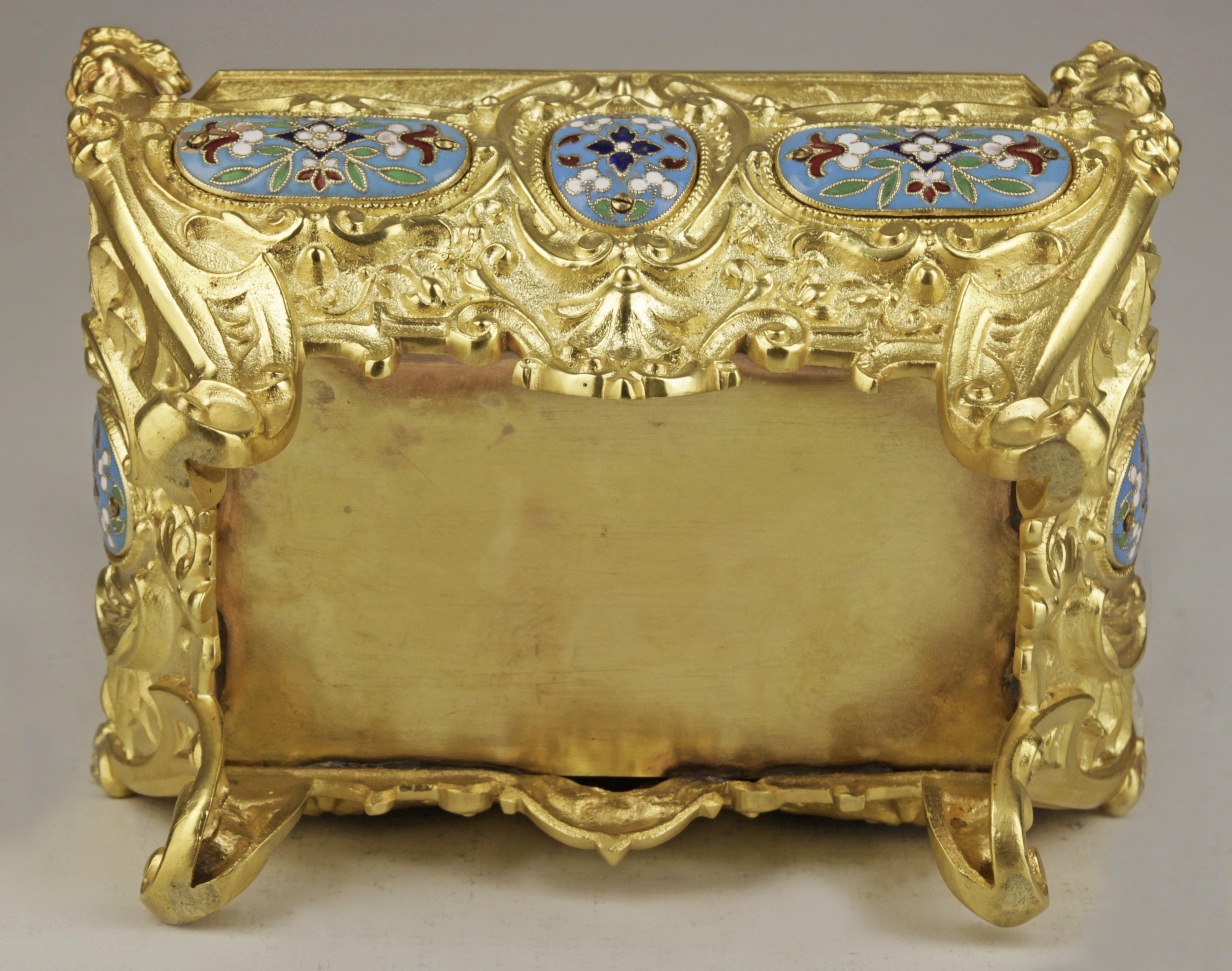 19th Century French Empire Cloisonné Bronze Jewelry Casket with Velvet Interior For Sale 1