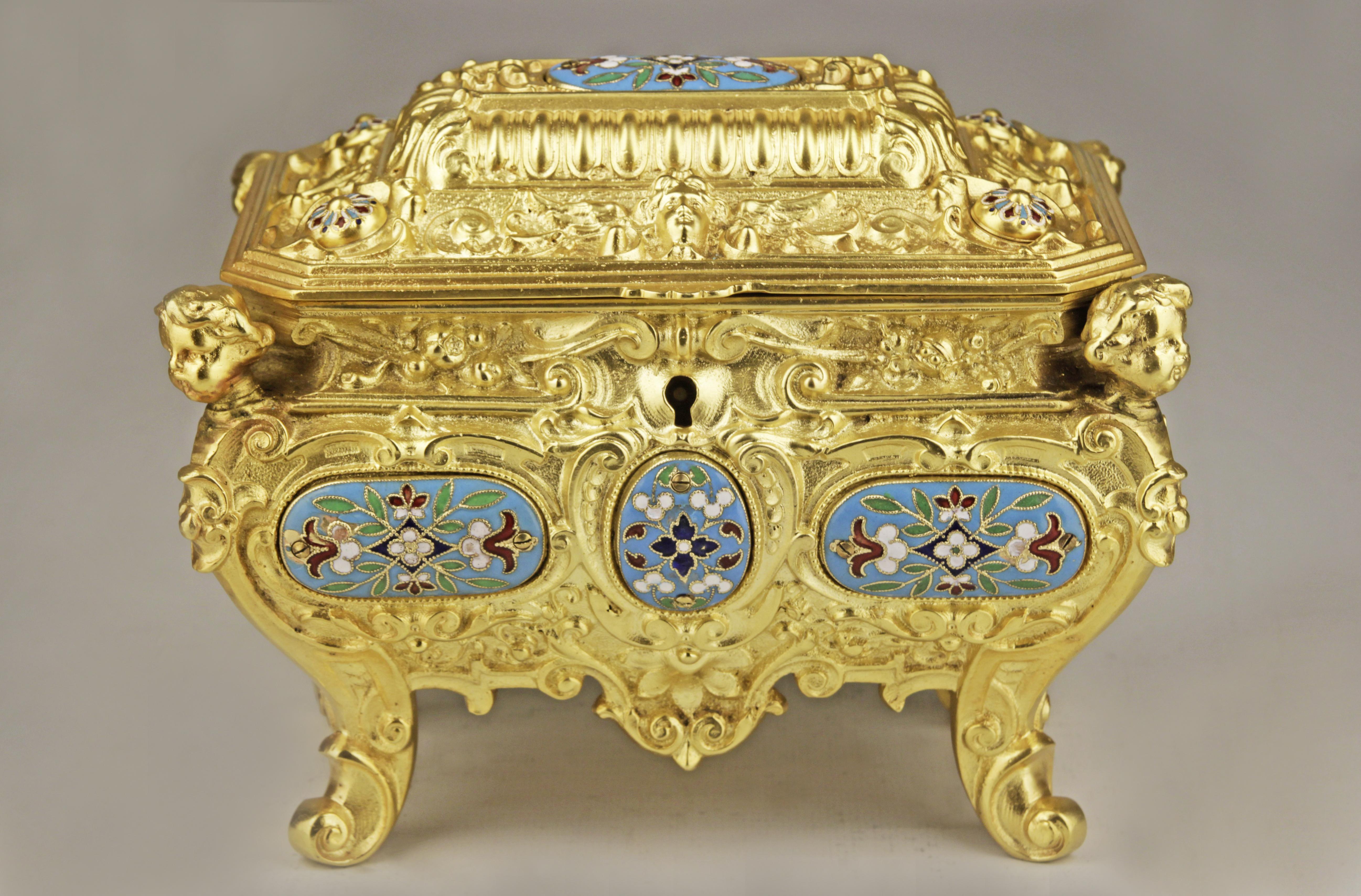 19th Century French Empire Cloisonné Bronze Jewelry Casket with Velvet Interior For Sale 2