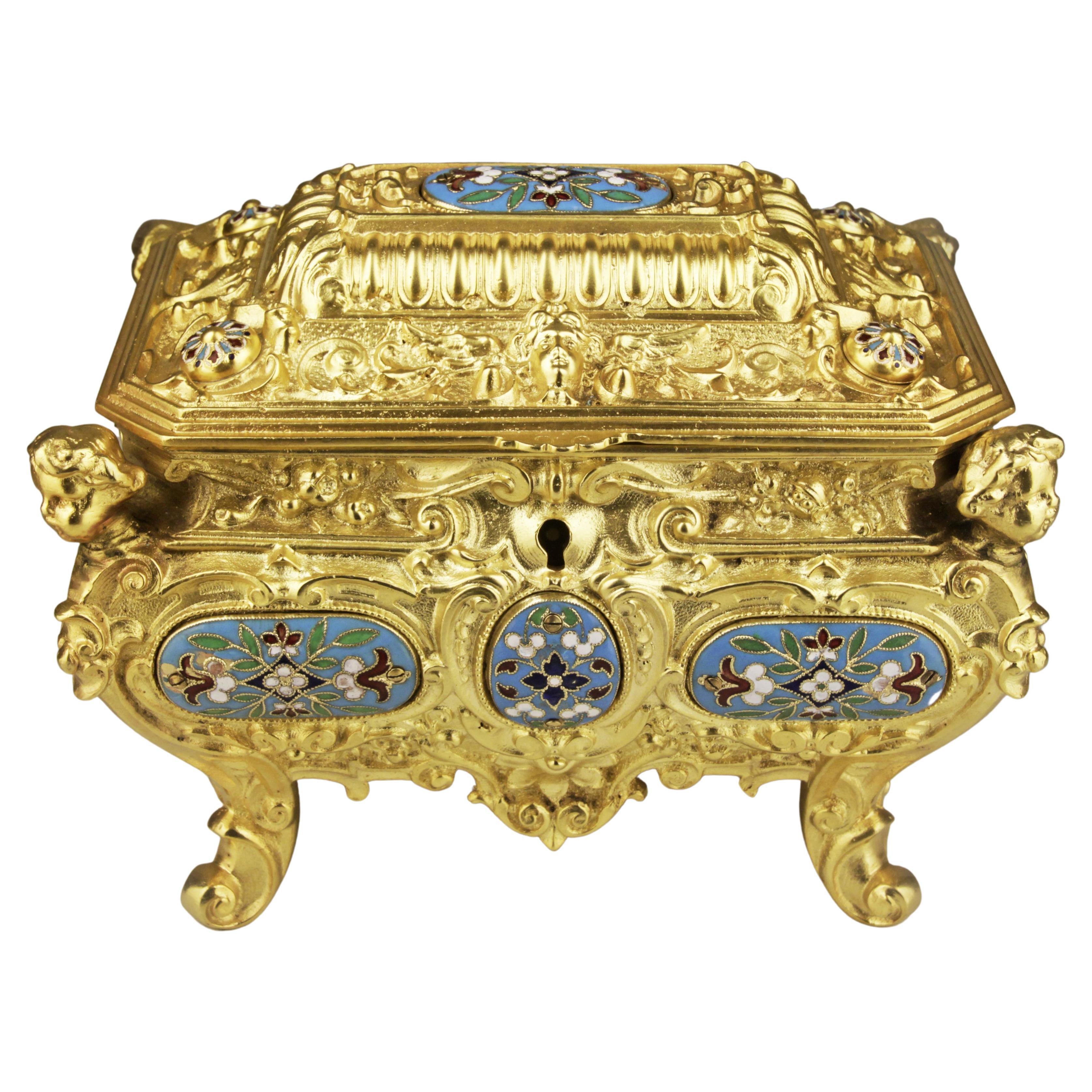 19th Century French Empire Cloisonné Bronze Jewelry Casket with Velvet Interior For Sale