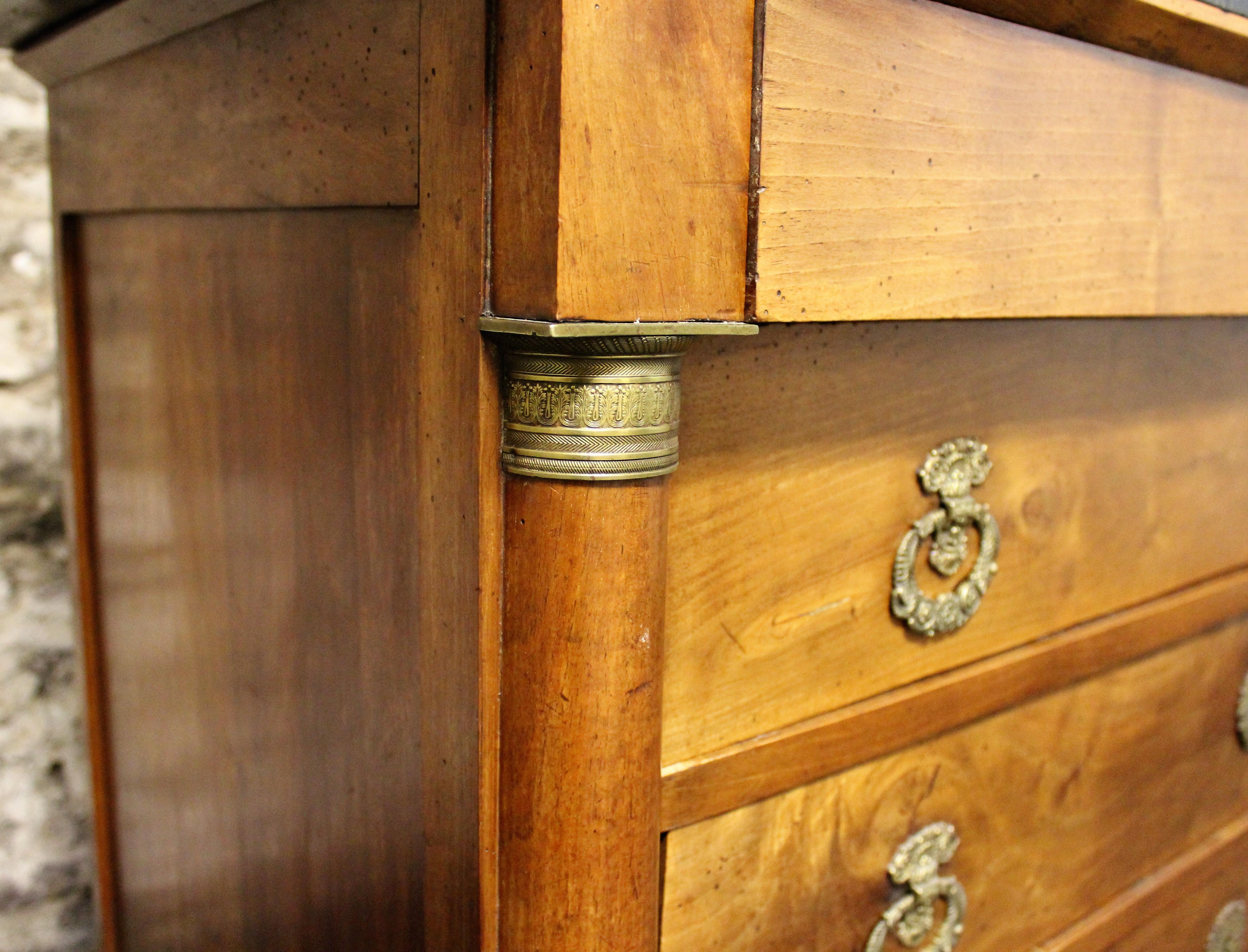 Brass 19th Century French Empire Commode in Walnut with Black Marble Top