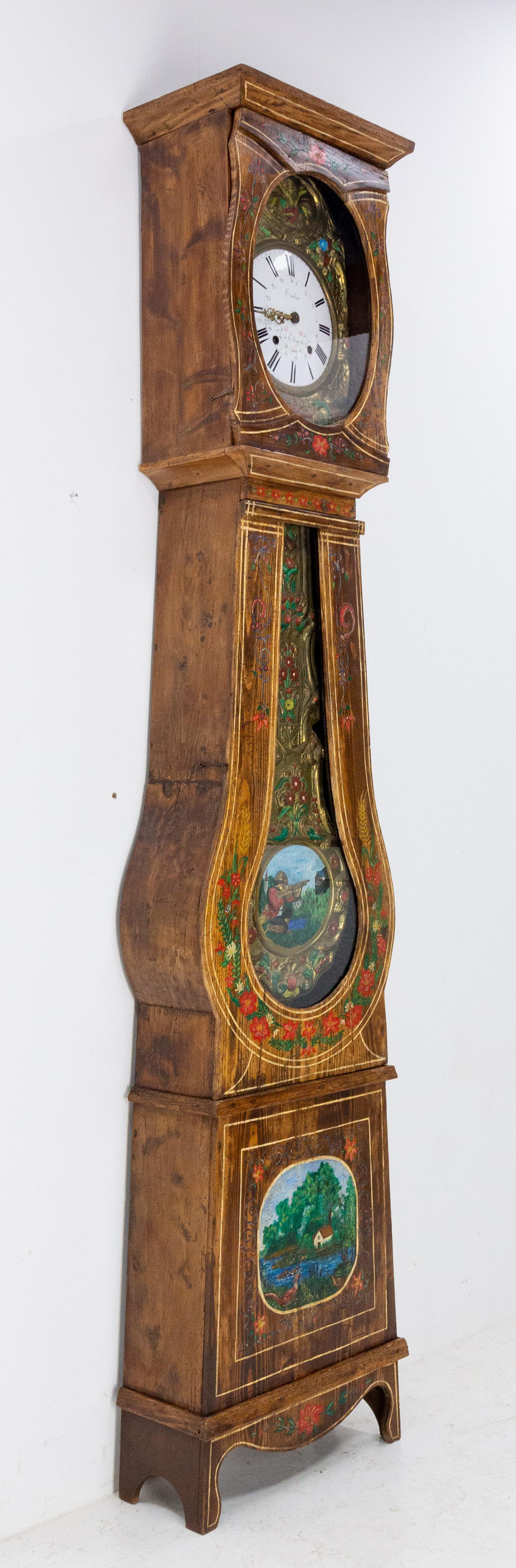 French Provincial 19th Century French Empire Comtoise or Grandfather Clock with Hunting Scene