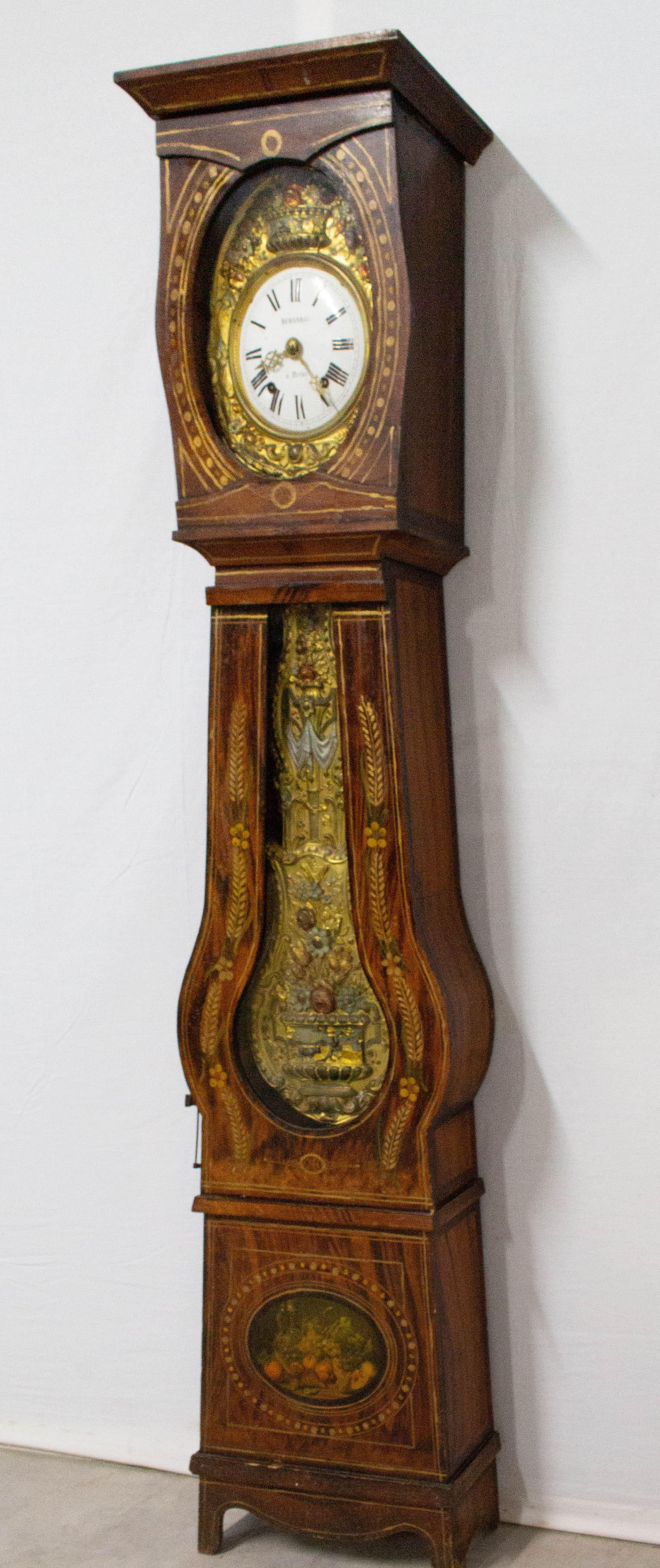 French Provincial 19th Century French Empire Comtoise or Grandfather Clock with Scenes of Farm