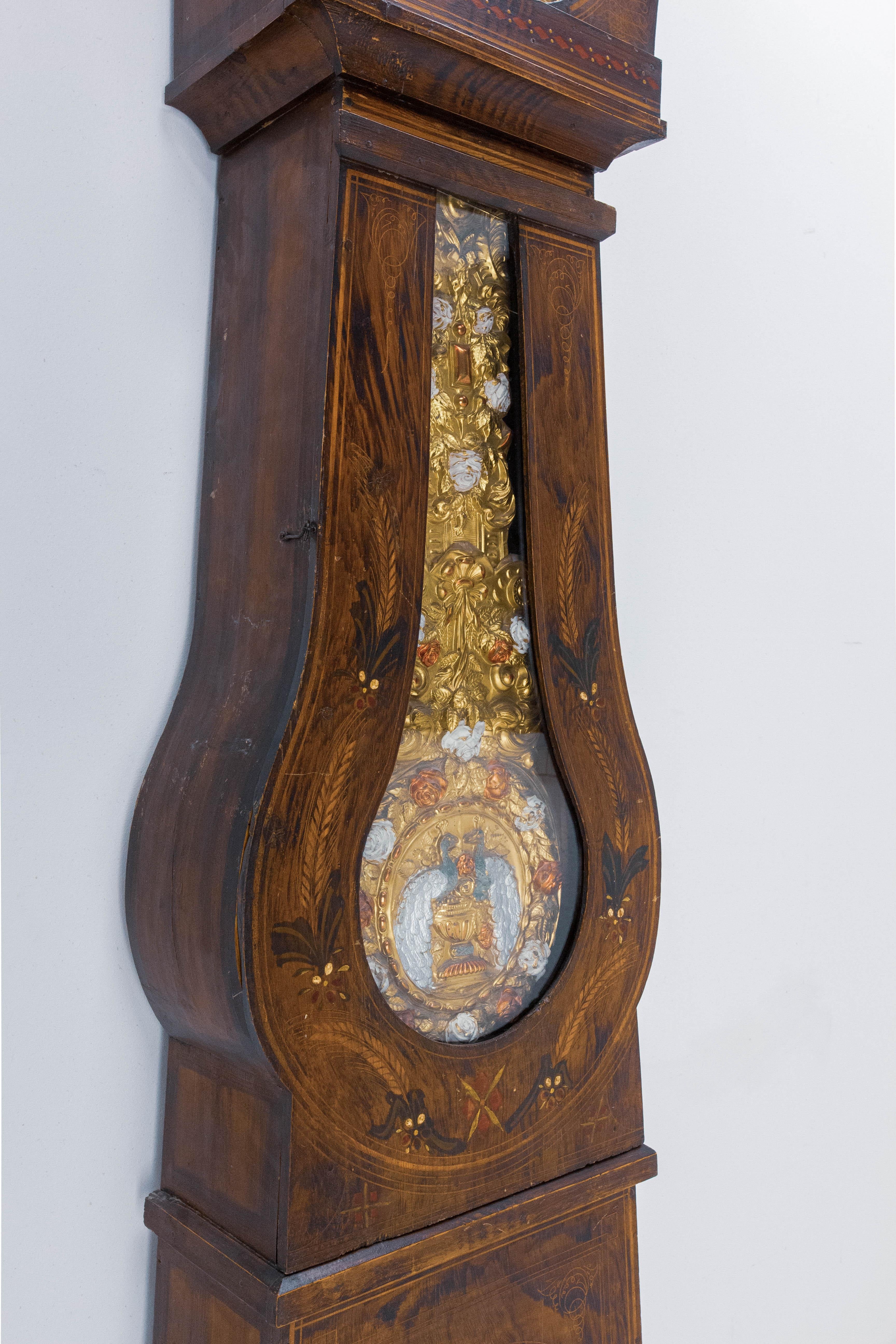 19th Century French Empire Comtoise or Grandfather Clock with Two Peacocks In Good Condition In Labrit, Landes