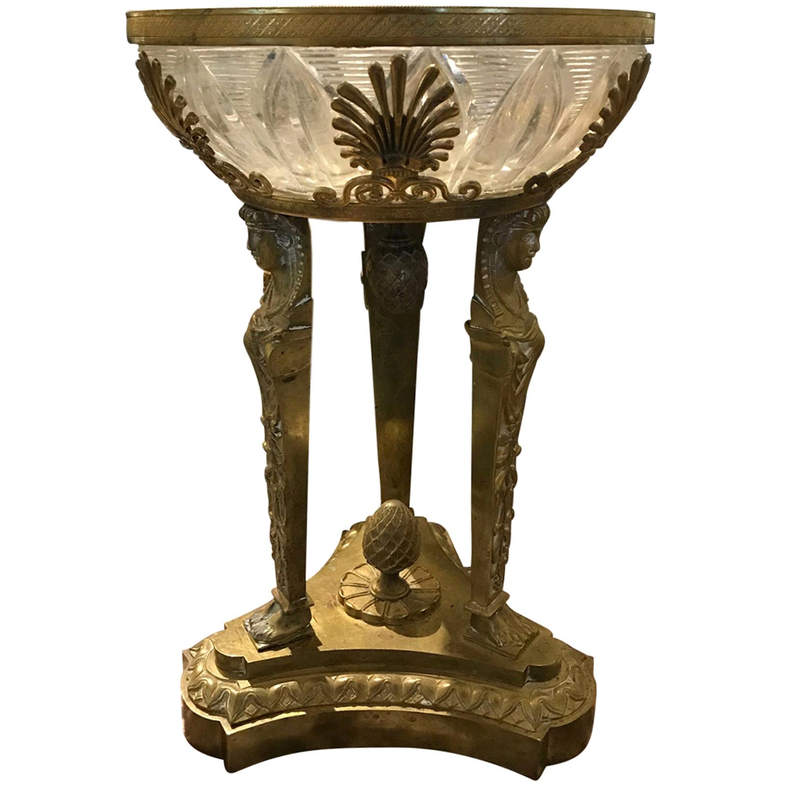 19th Century French Empire Cut Crystal Compote with Bronze Stand For Sale