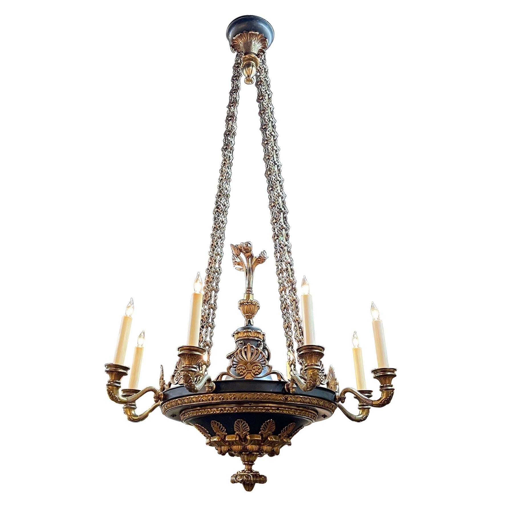 19th Century French Empire Gilt Bronze and Tole Chandelier with 8 Lights