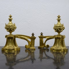 19th Century French Empire Gilt Bronze Andirons Chenets Urns and Mythical Beasts