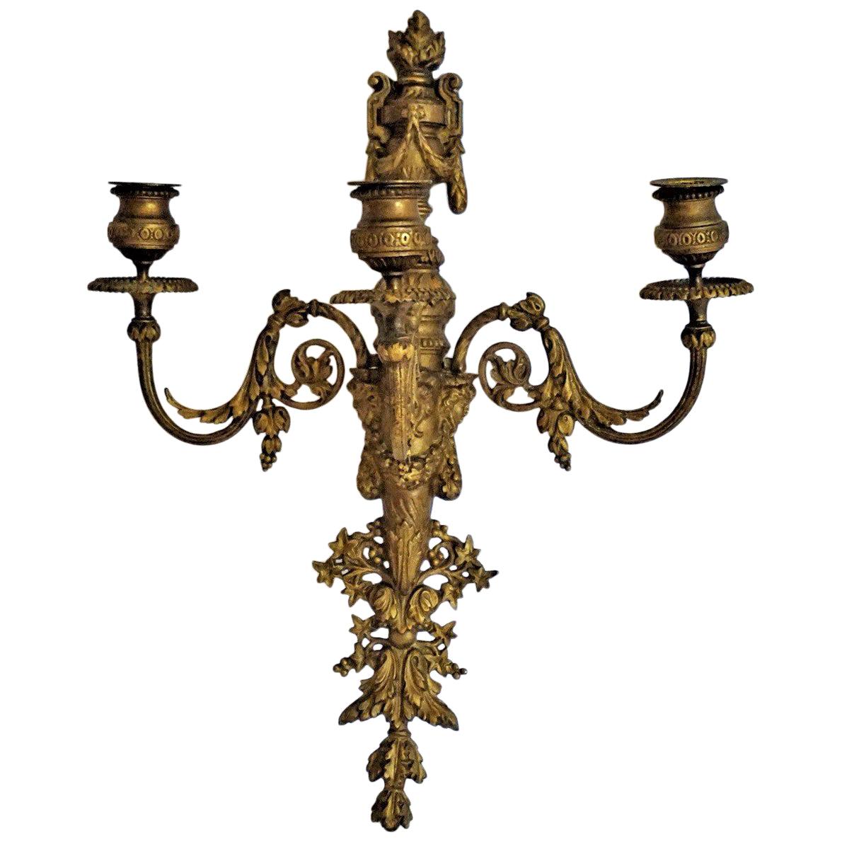 19th Century French Empire Gilt Bronze Three-Light Sconce, Wall Candelabra For Sale