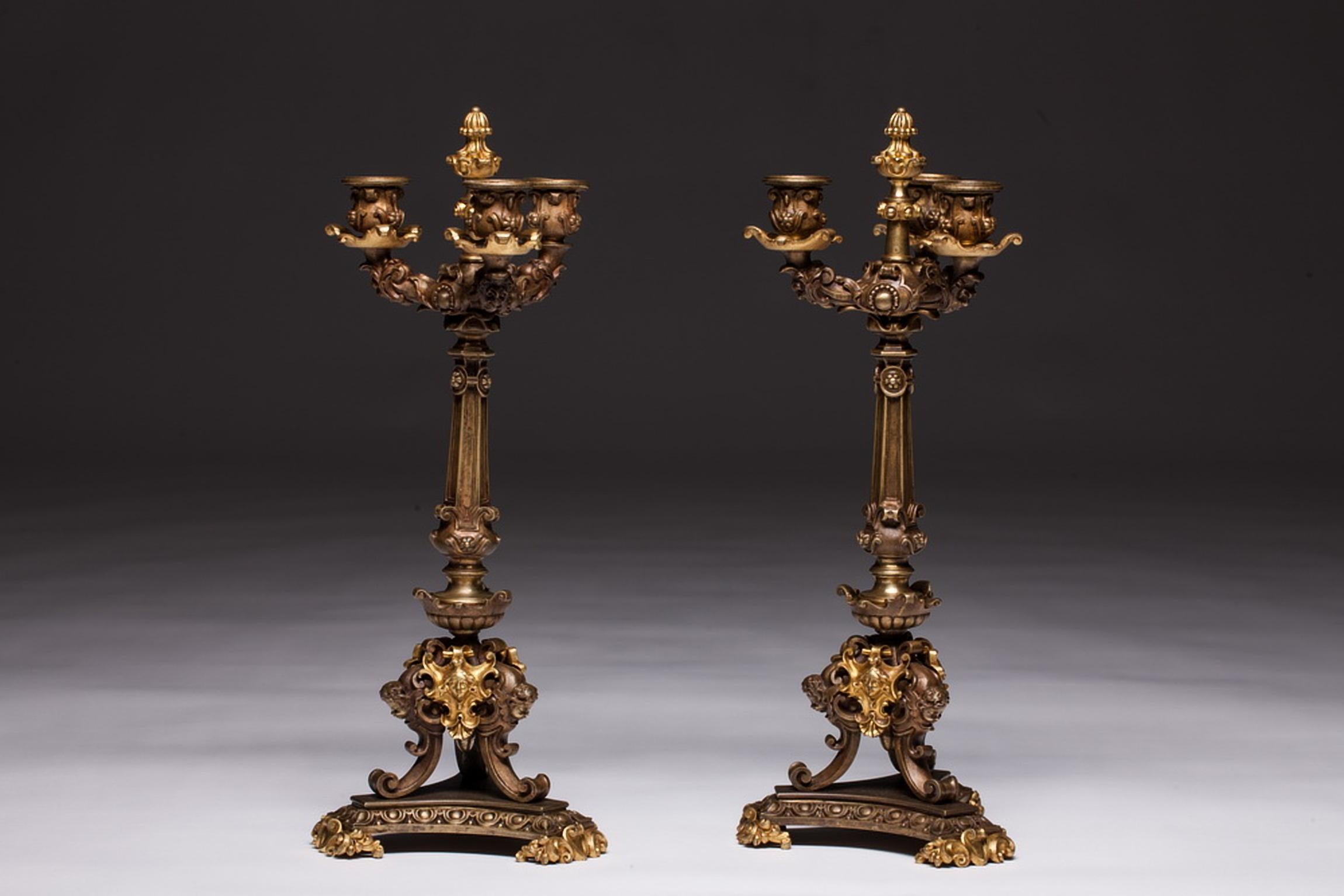 Patinated 19th Century French Empire Gilt Doré Bronze Empire Candelabras a Pair For Sale