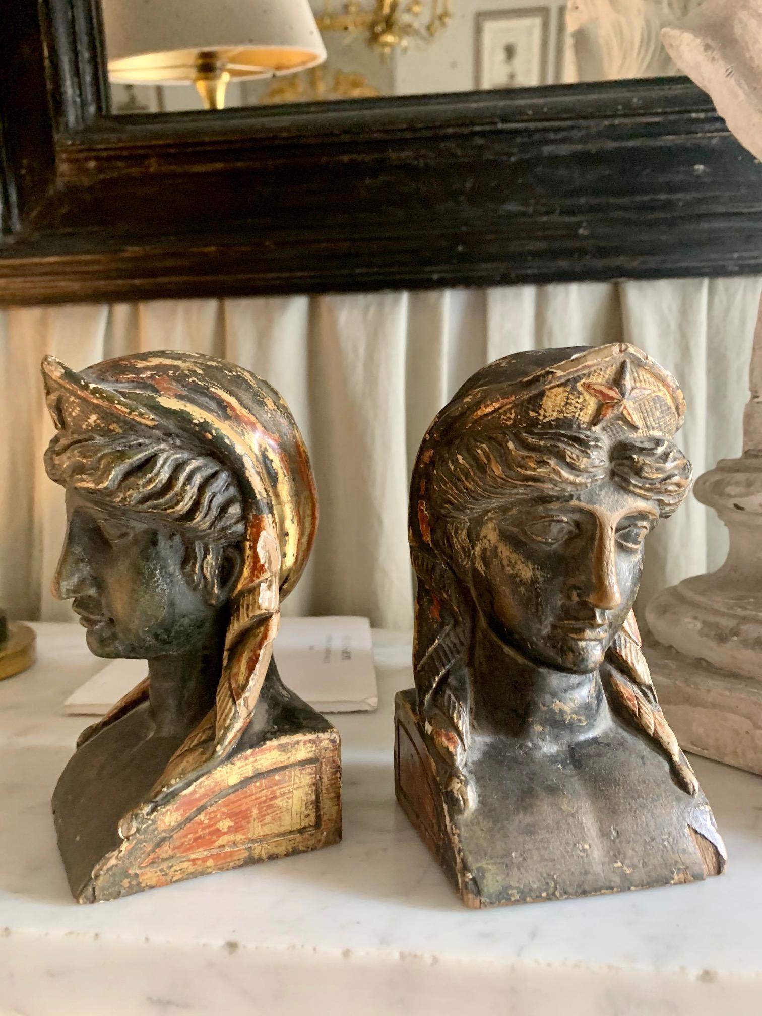 European 19th Century French Empire Gitwood Heads Sphinxes