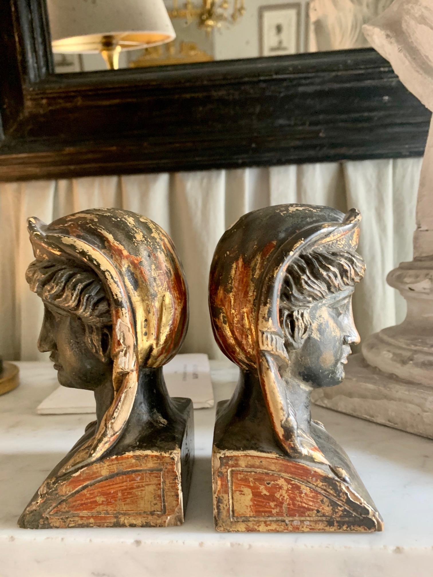 Hand-Painted 19th Century French Empire Gitwood Heads Sphinxes