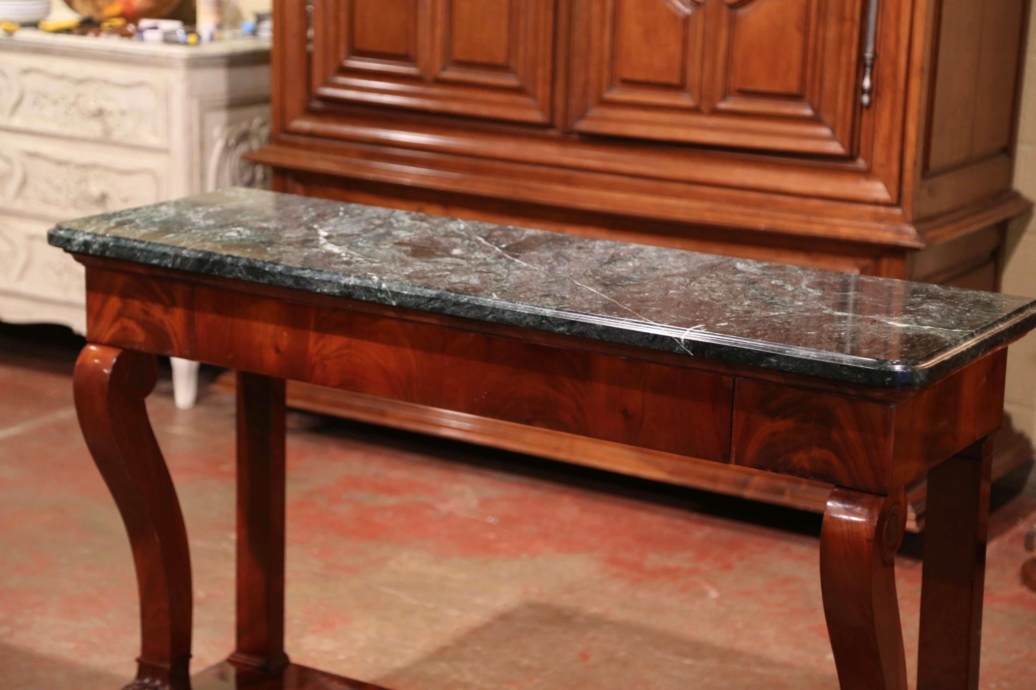 Hand-Carved 19th Century French Empire Green Marble Top Carved Mahogany Console Table For Sale
