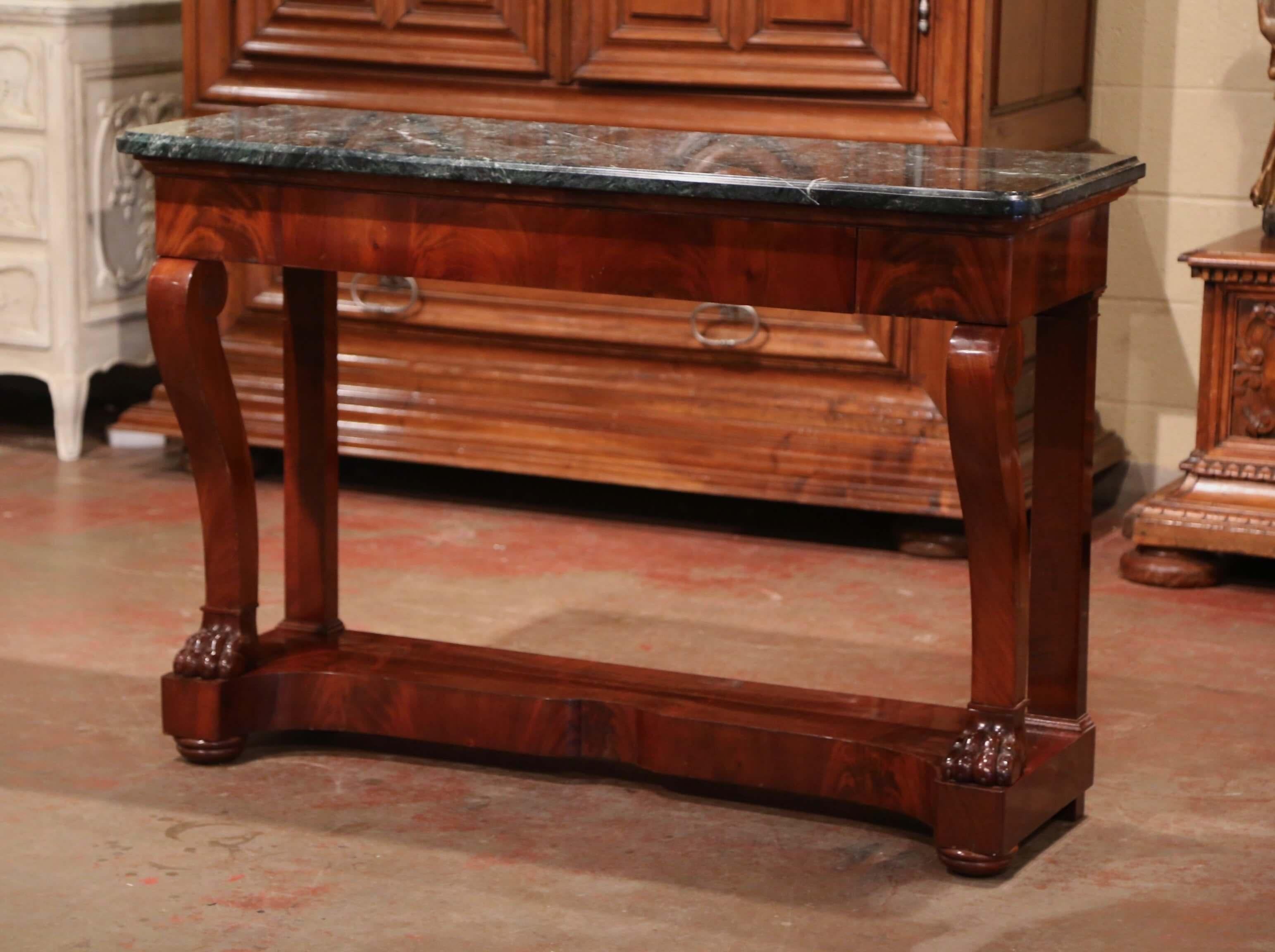 19th Century French Empire Green Marble Top Carved Mahogany Console Table In Excellent Condition For Sale In Dallas, TX