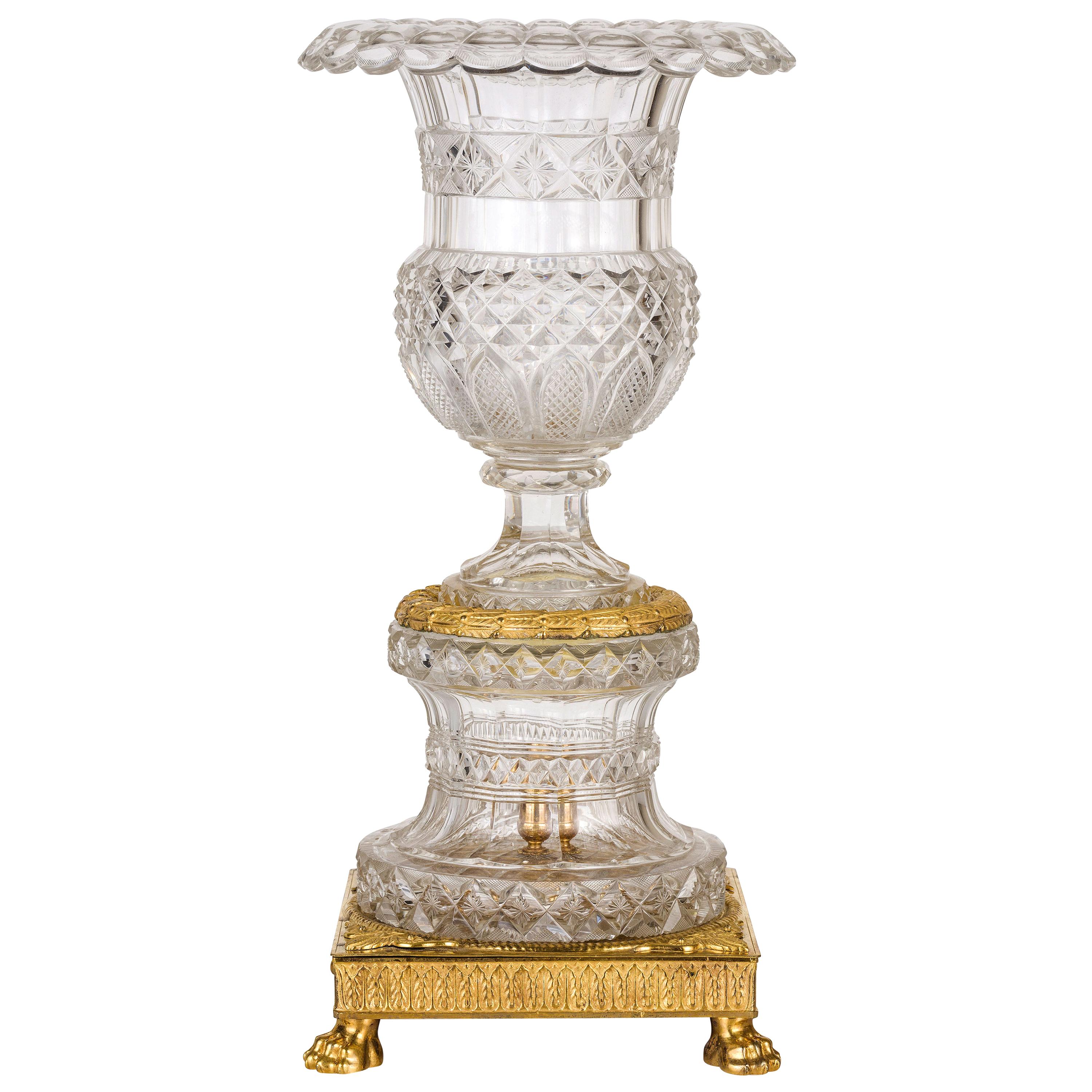 19th Century, French Empire Ground Crystal and Gilt Bronze Vase Centrepiece For Sale