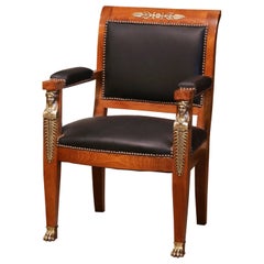 19th Century French Empire Mahogany and Leather Desk Armchair with Bronze Mounts