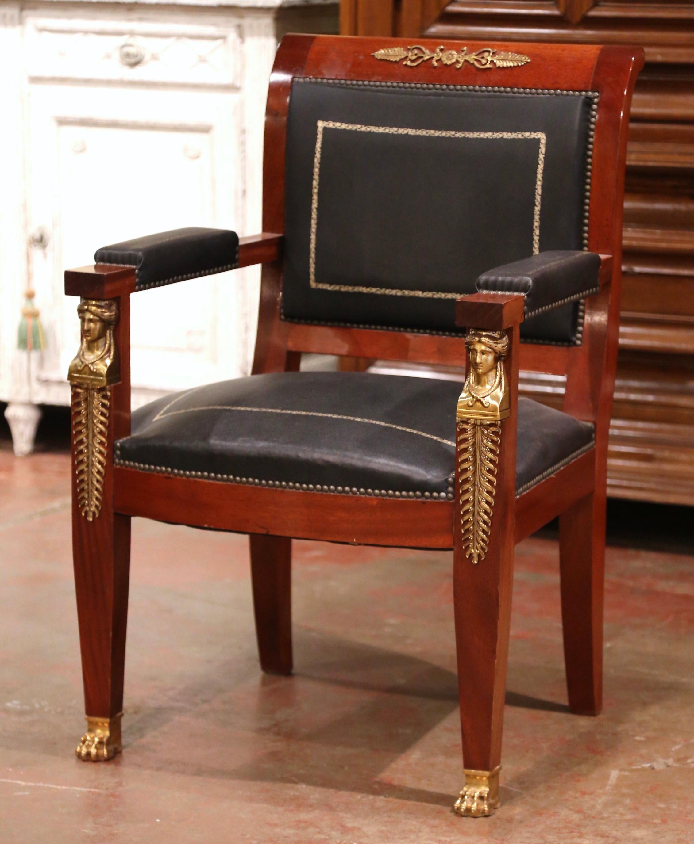 Hand-Carved 19th Century French Empire Mahogany, Bronze and Leather Desk Armchair