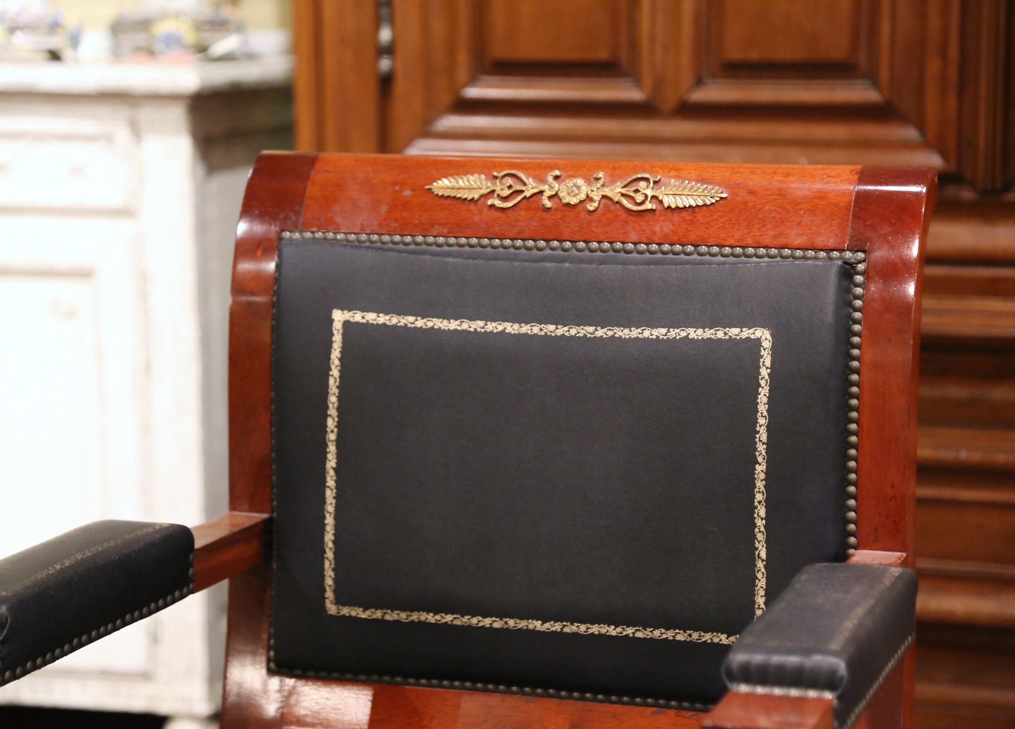 19th Century French Empire Mahogany, Bronze and Leather Desk Armchair In Good Condition In Dallas, TX