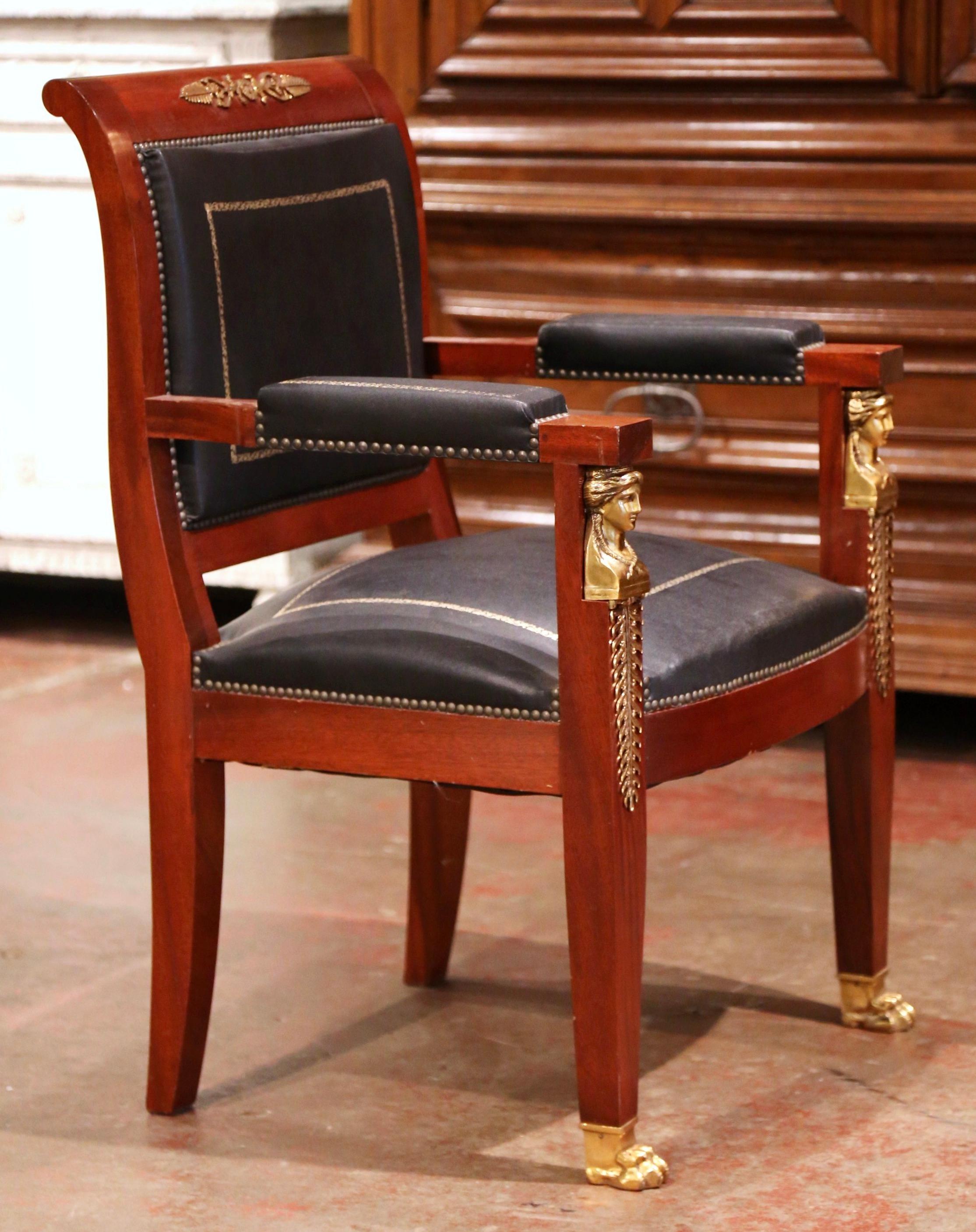 19th Century French Empire Mahogany, Bronze and Leather Desk Armchair 1