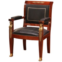 19th Century French Empire Mahogany, Bronze and Leather Desk Armchair