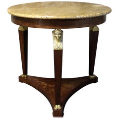 19th Century, French Empire Mahogany Center Table with Gilt Bronze Caryatids