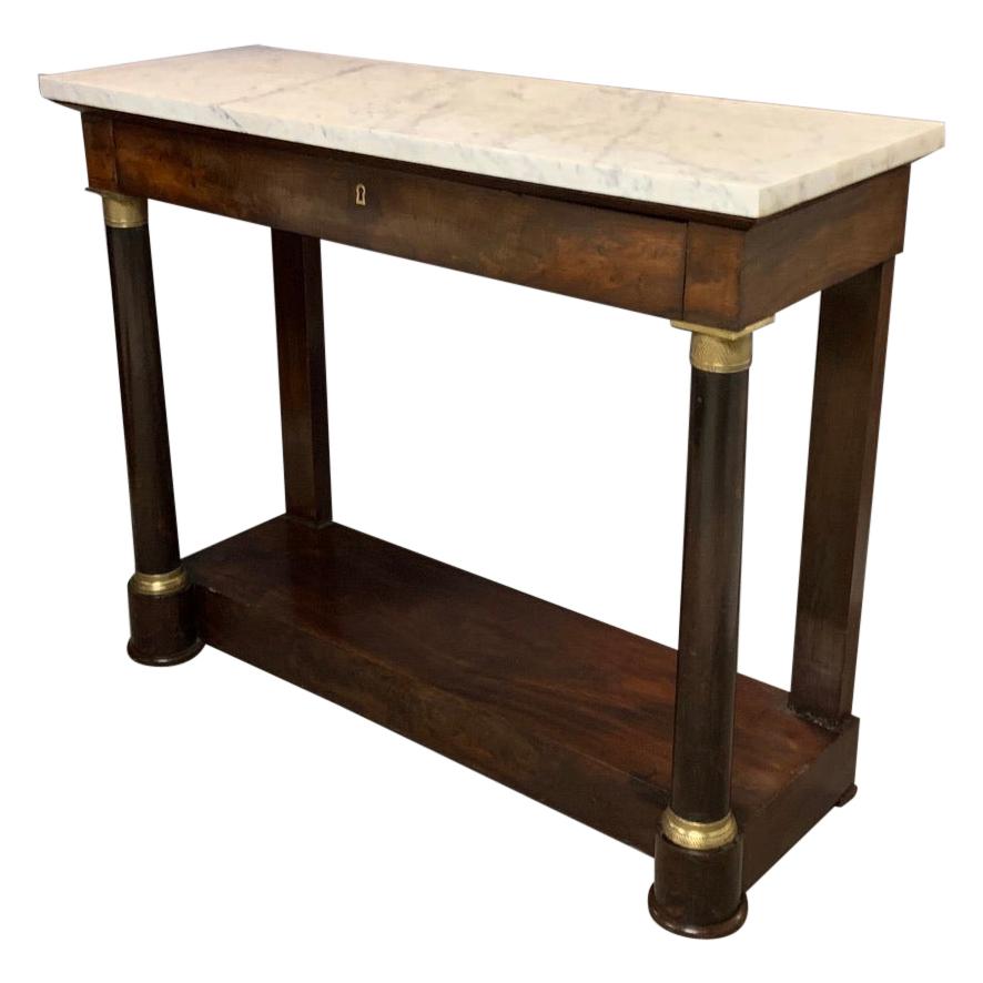 19th Century French Empire Mahogany Console Table with Marble Top and Brasses