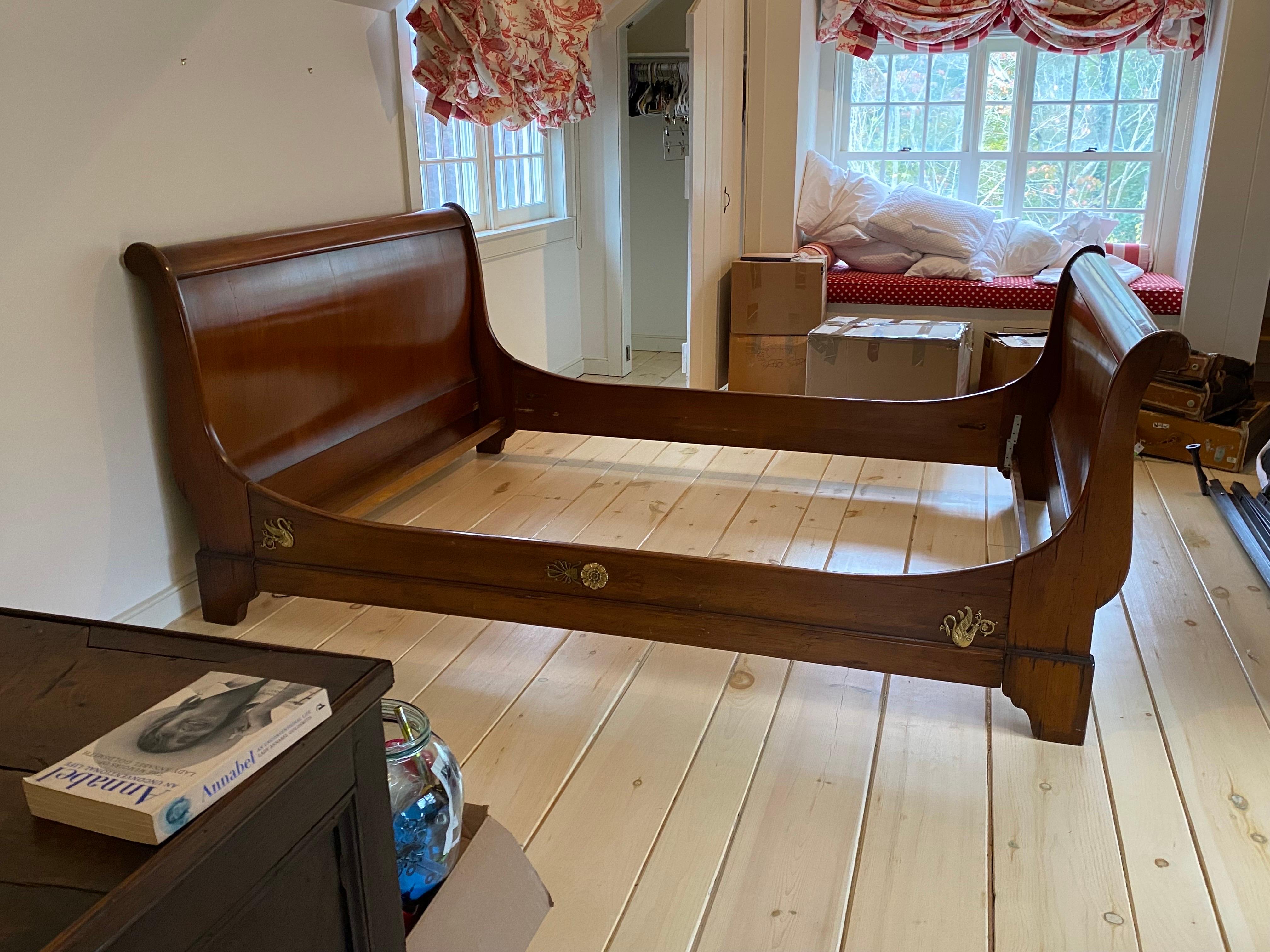 19th Century French Empire Mahogany Queen Size Bed Frame with Brass Mounts In Good Condition For Sale In Southampton, NY