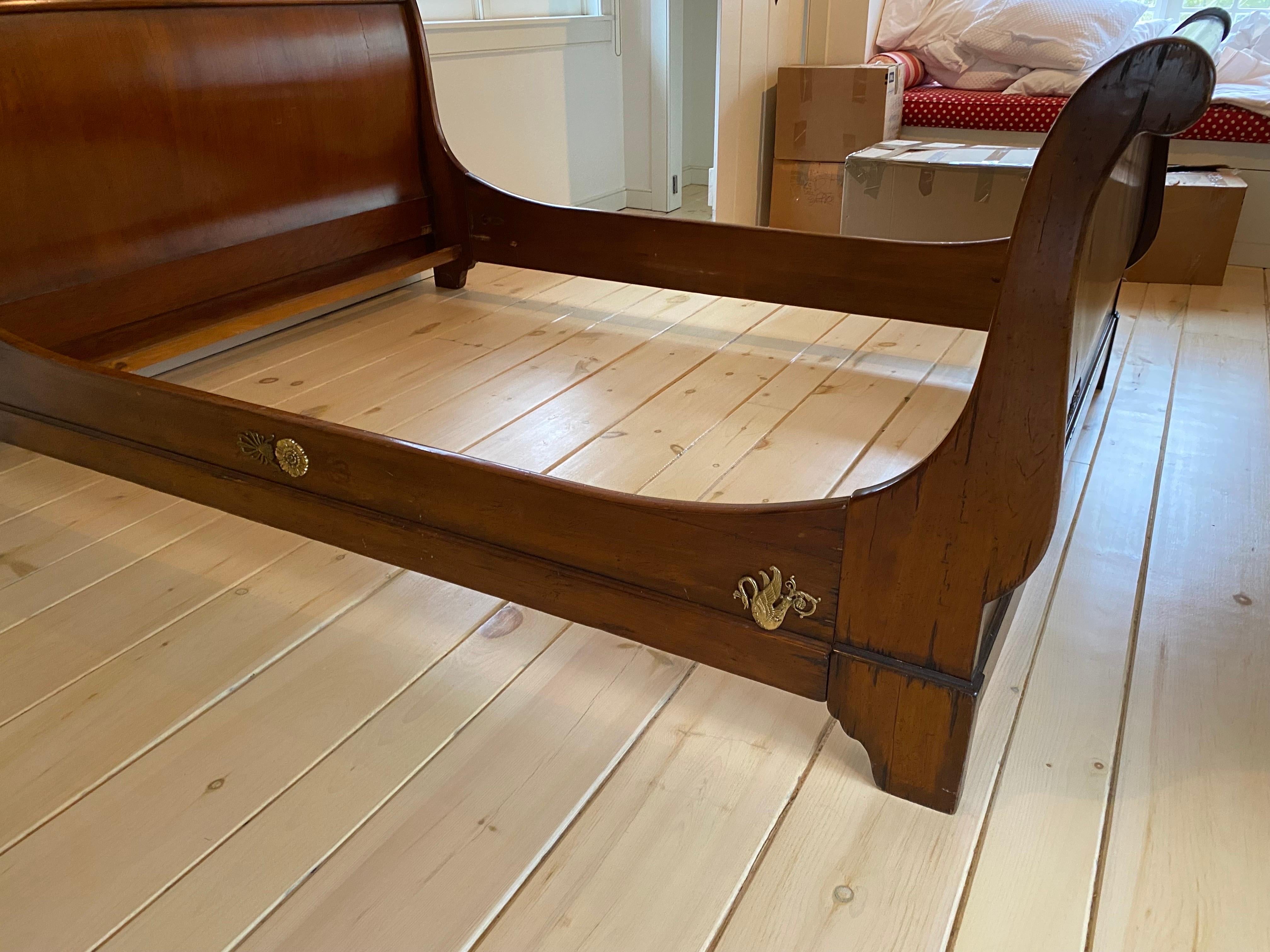 19th Century French Empire Mahogany Queen Size Bed Frame with Brass Mounts 1