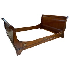 19th Century French Empire Mahogany Queen Size Bed Frame with Brass Mounts