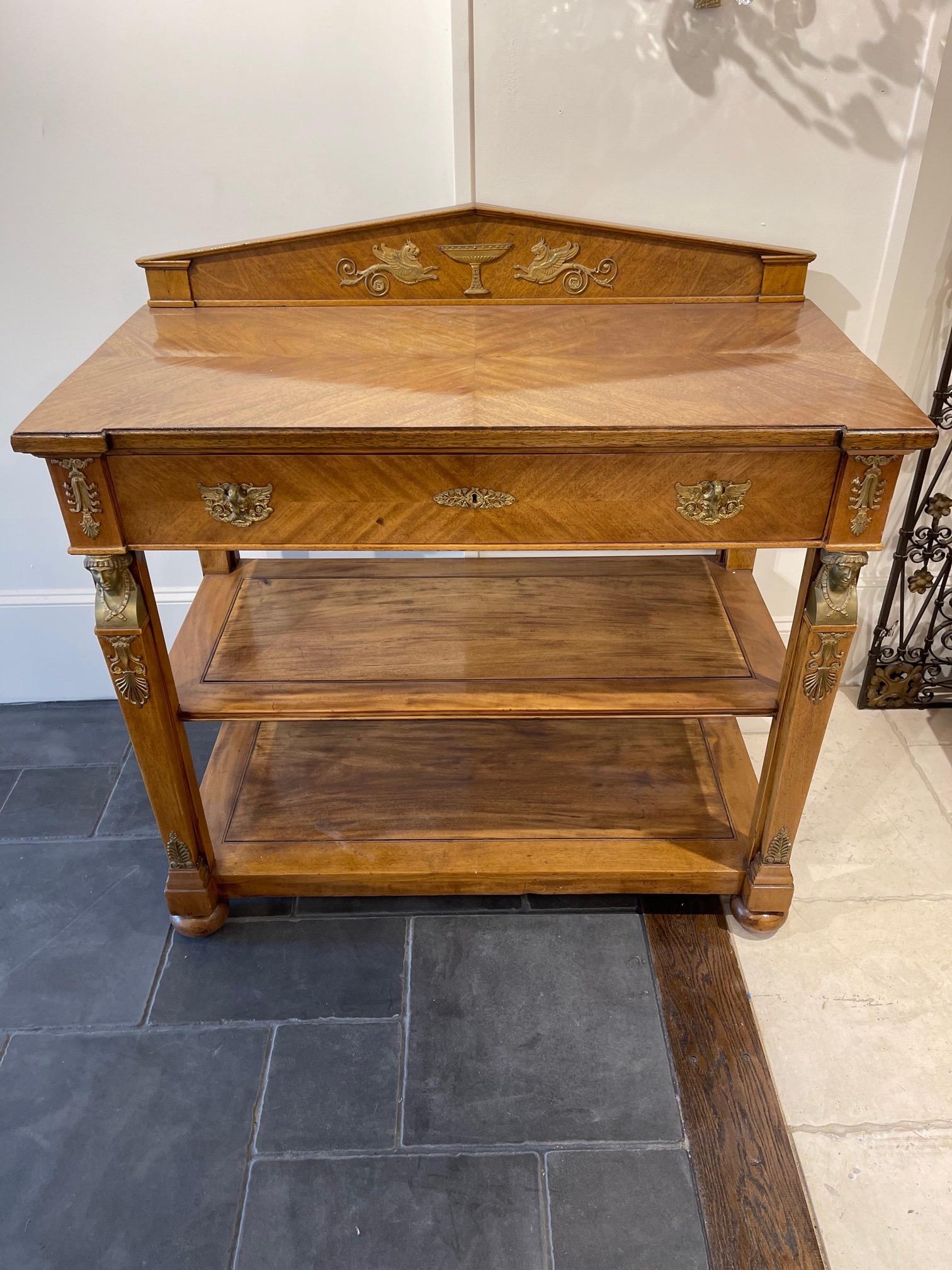 Handsome 19th century French Empire mahogany server with bronze mounts. Very fine finish and interesting human form bronze figures on the legs. An elegant piece!