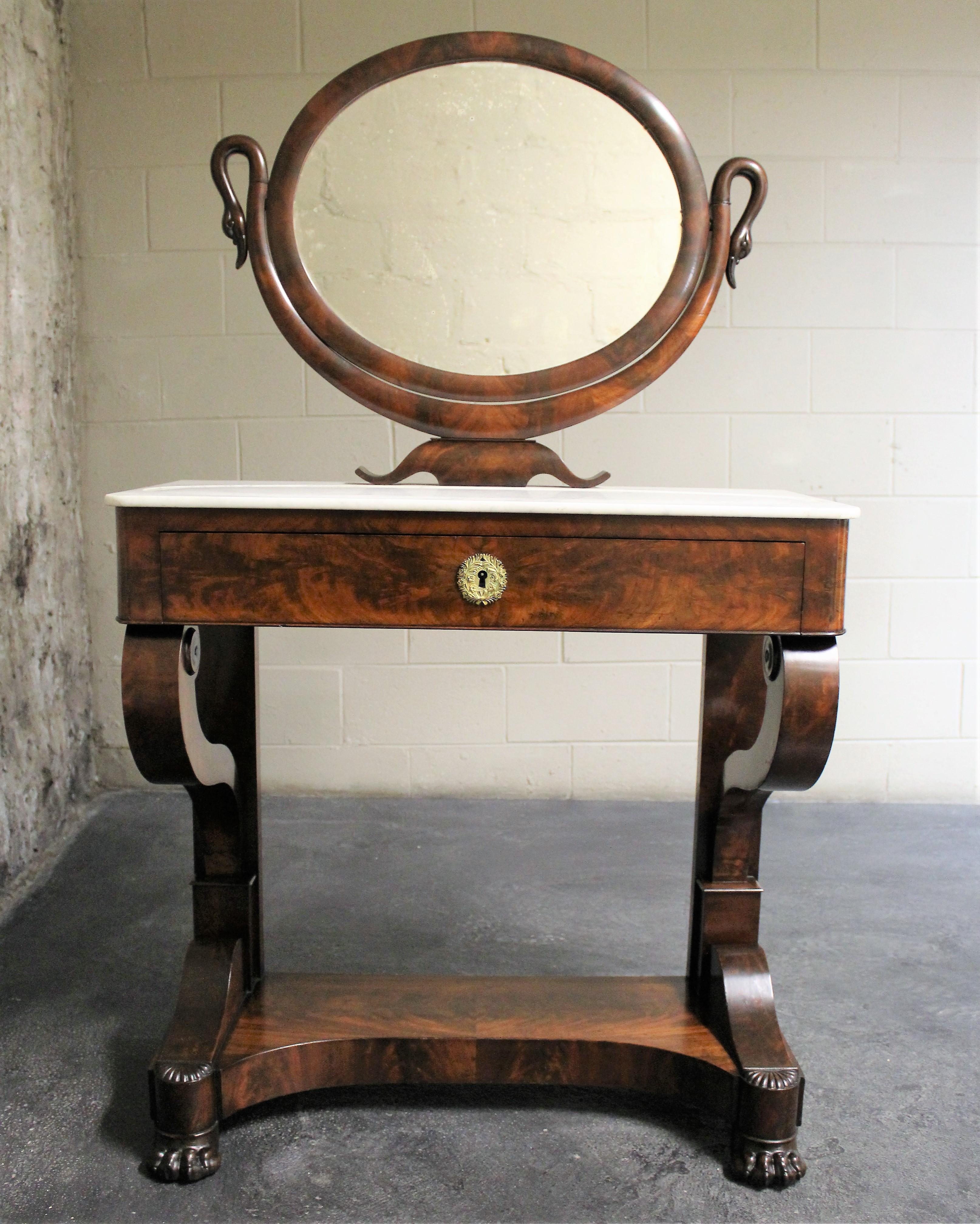19th Century French Empire Mahogany Vanity with Marble Top and Oval Tilt Mirror In Good Condition In Hamilton, Ontario