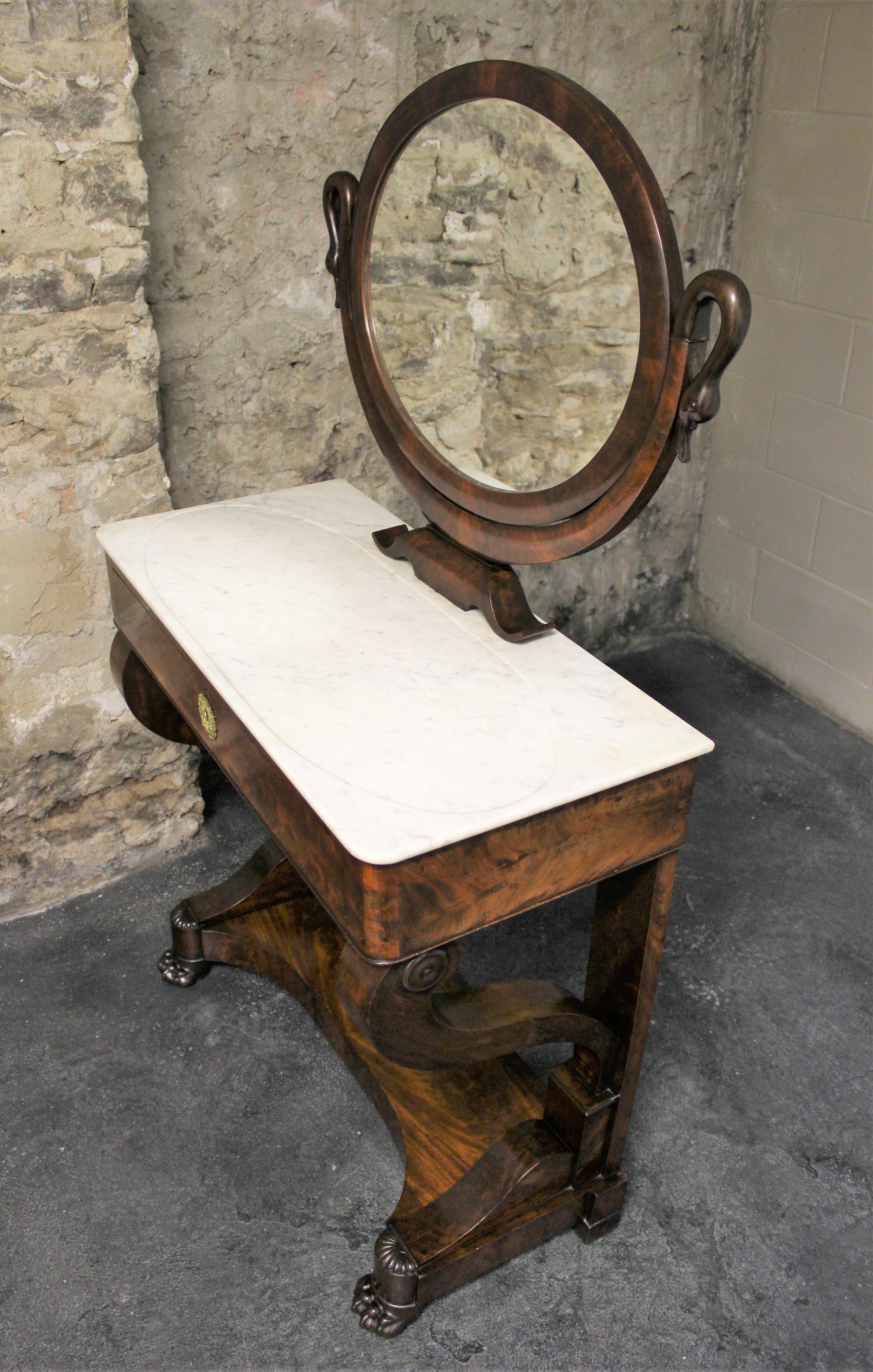 19th Century French Empire Mahogany Vanity with Marble Top and Oval Tilt Mirror 2