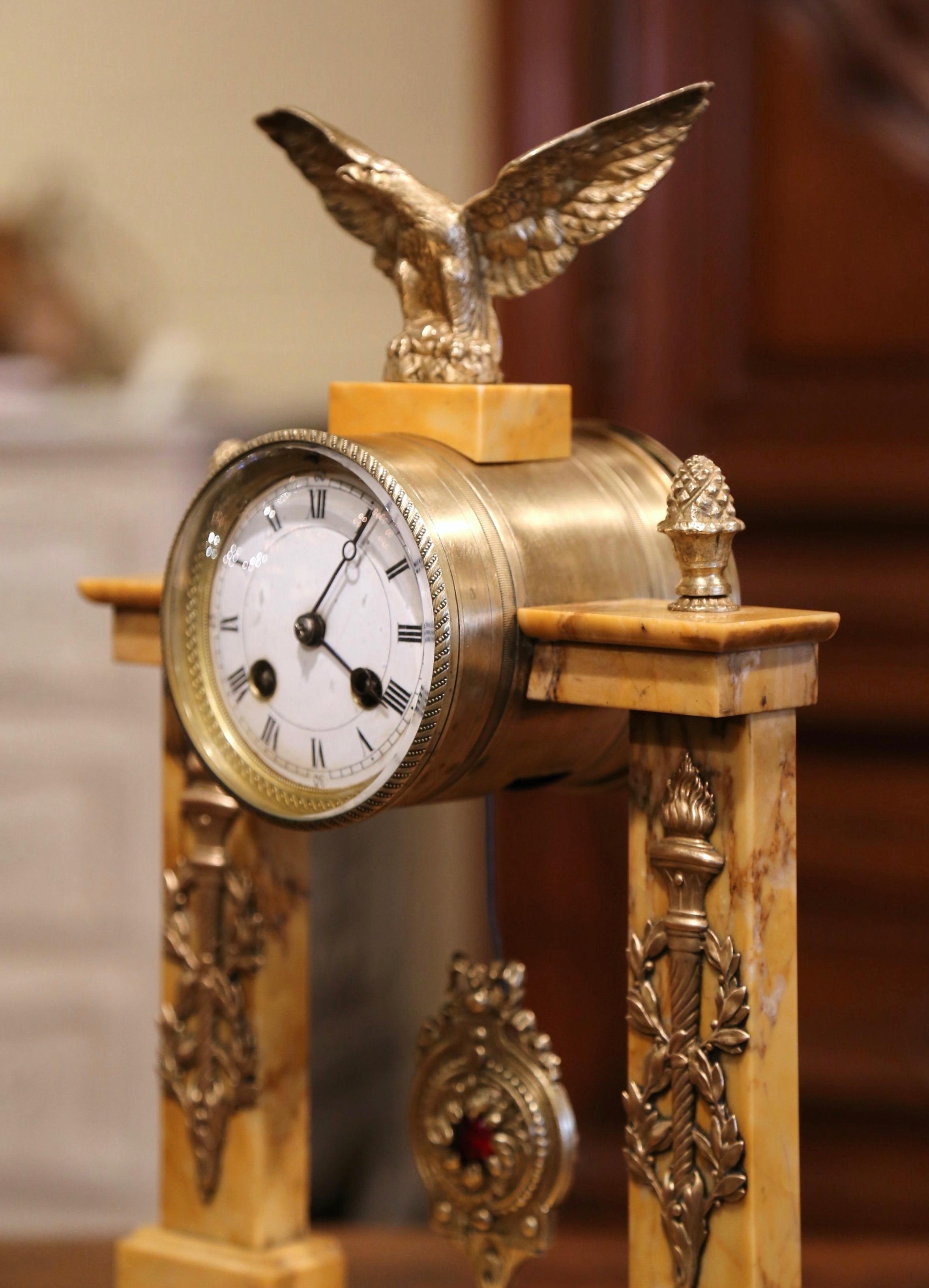 Hand-Carved 19th Century French Empire Marble and Bronze Mantel Clock from Bonnet & Pottier
