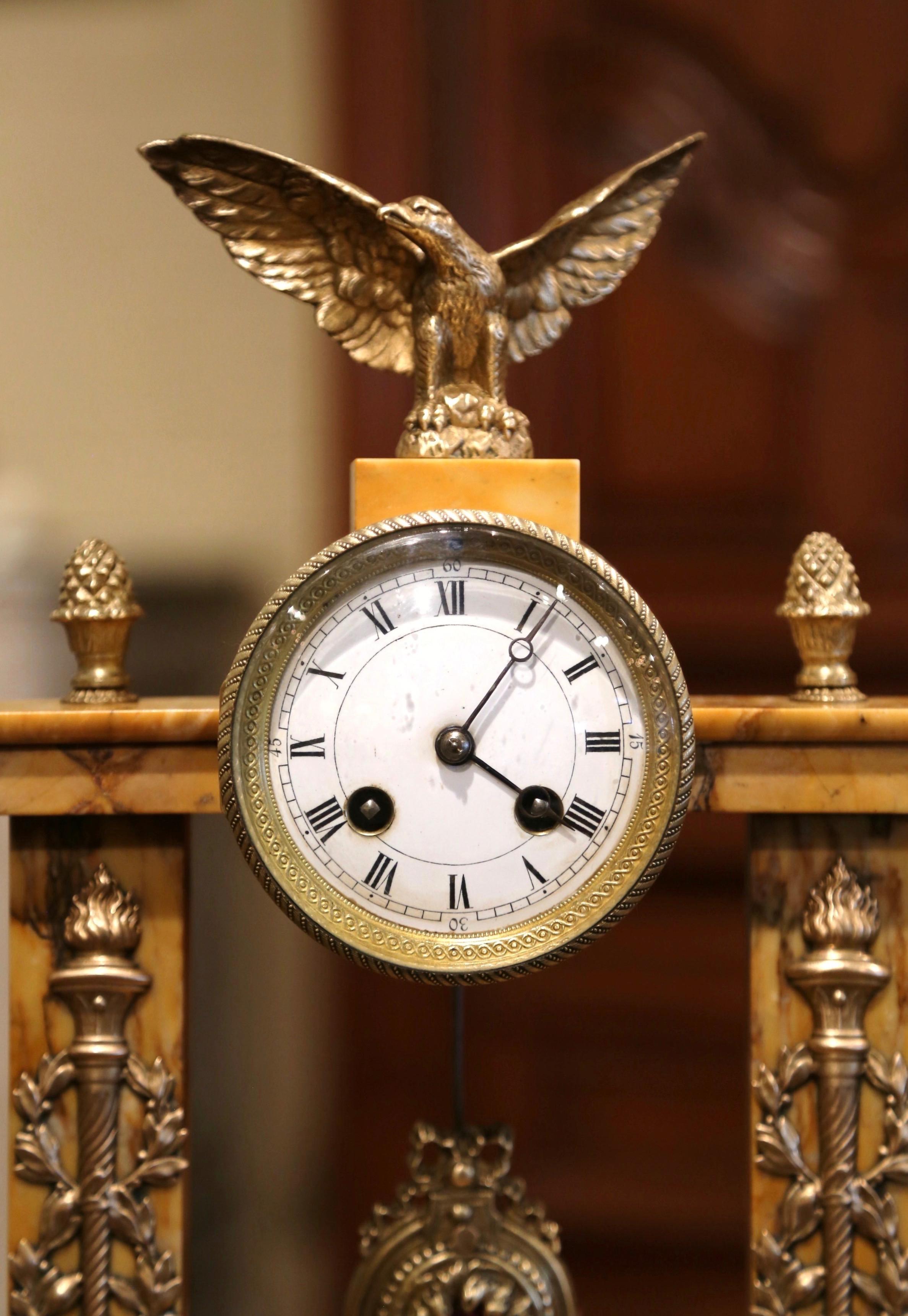 19th Century French Empire Marble and Bronze Mantel Clock from Bonnet & Pottier In Excellent Condition In Dallas, TX