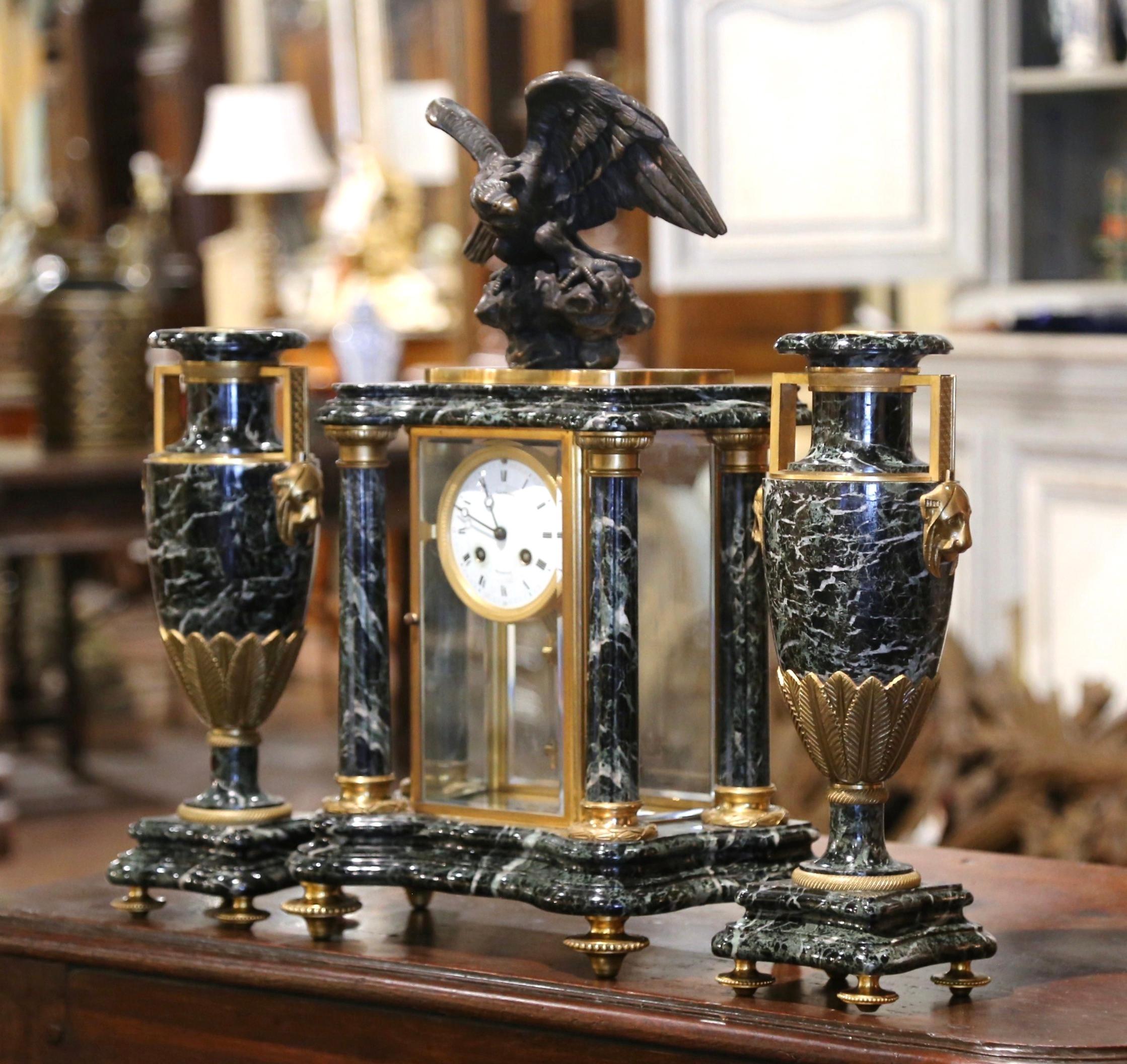 19th Century French Empire Marble & Bronze Mantel Clock with Cassolettes For Sale 7