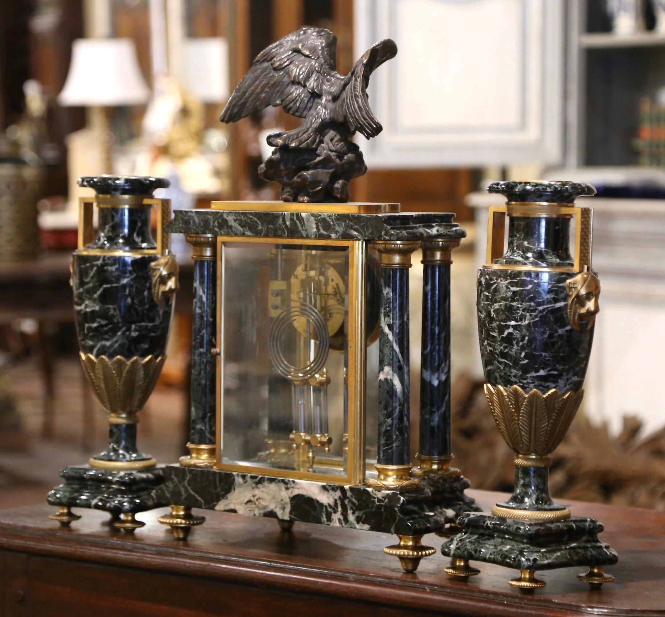 19th Century French Empire Marble & Bronze Mantel Clock with Cassolettes For Sale 8
