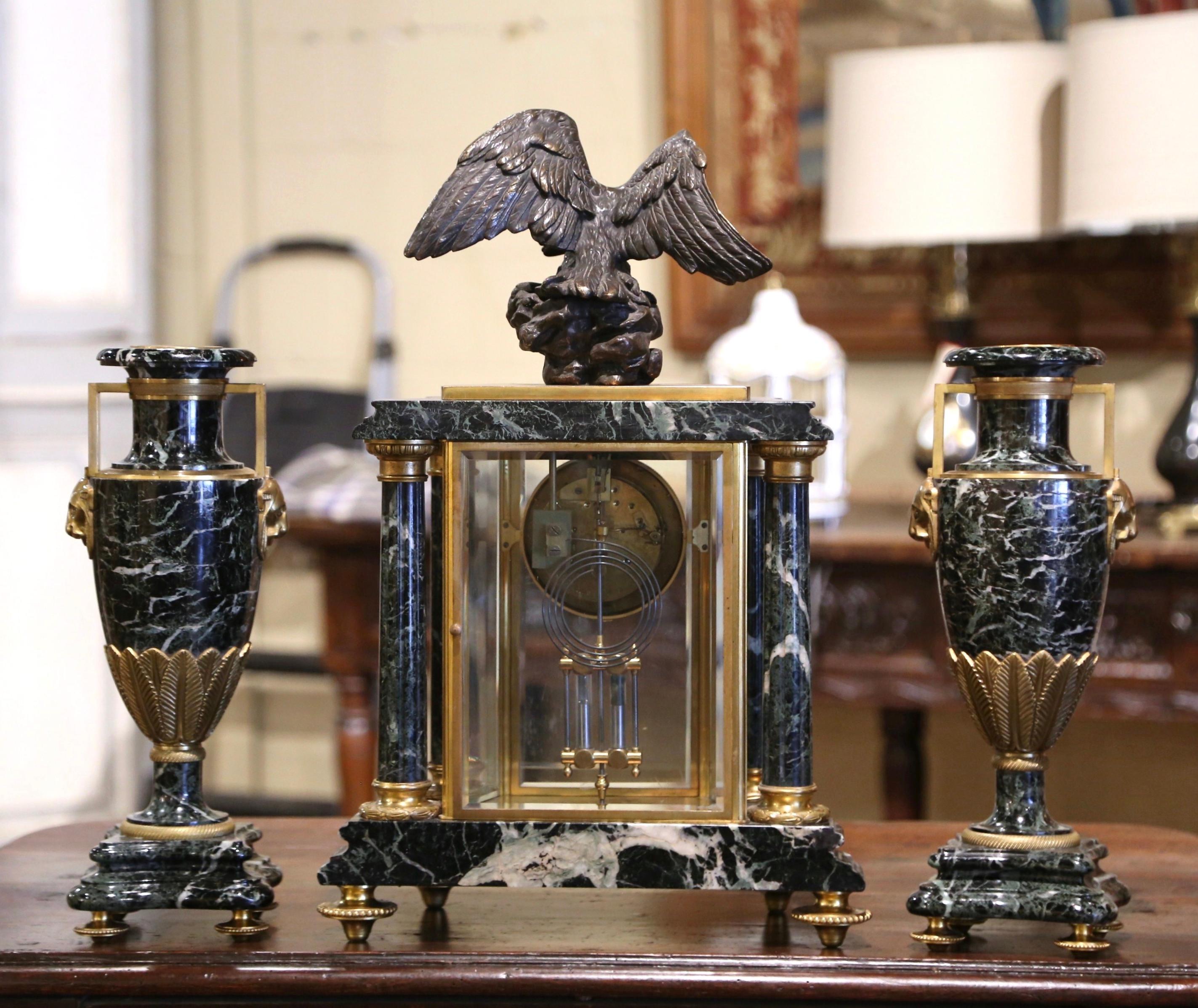19th Century French Empire Marble & Bronze Mantel Clock with Cassolettes For Sale 9