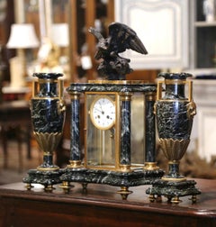 19th Century French Empire Marble & Bronze Mantel Clock with Cassolettes