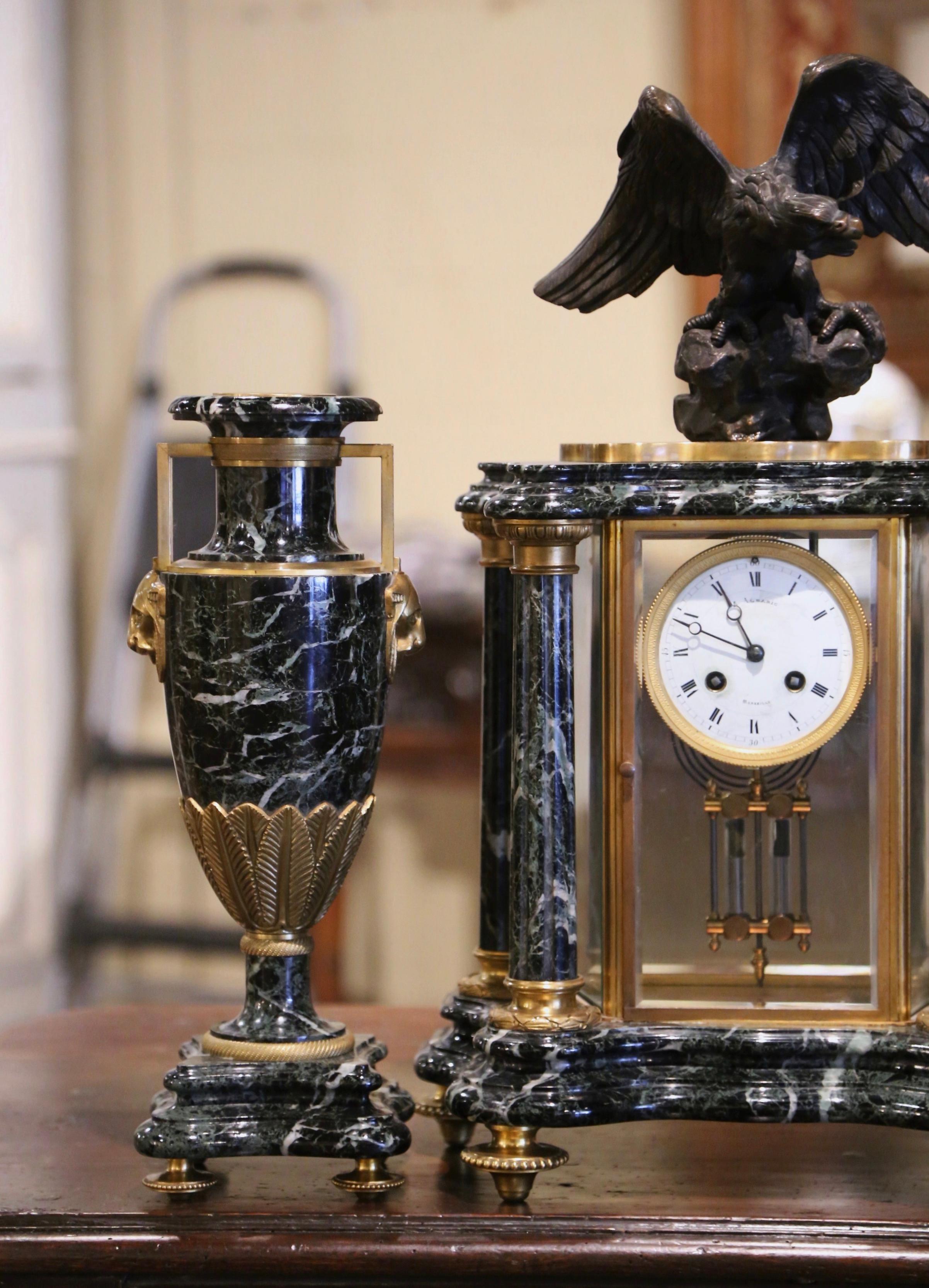 Hand-Crafted 19th Century French Empire Marble & Bronze Mantel Clock with Cassolettes For Sale