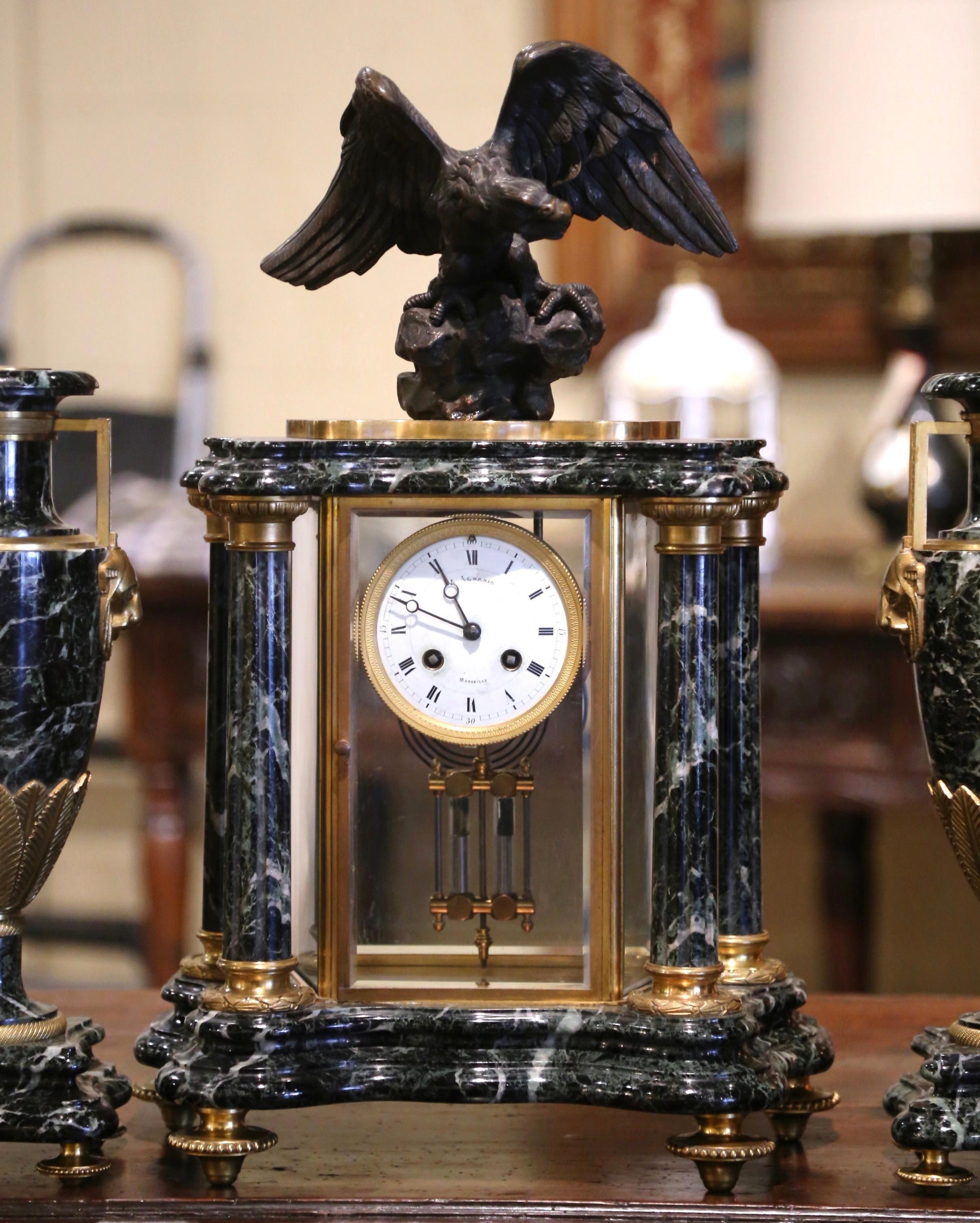 19th Century French Empire Marble & Bronze Mantel Clock with Cassolettes In Excellent Condition For Sale In Dallas, TX