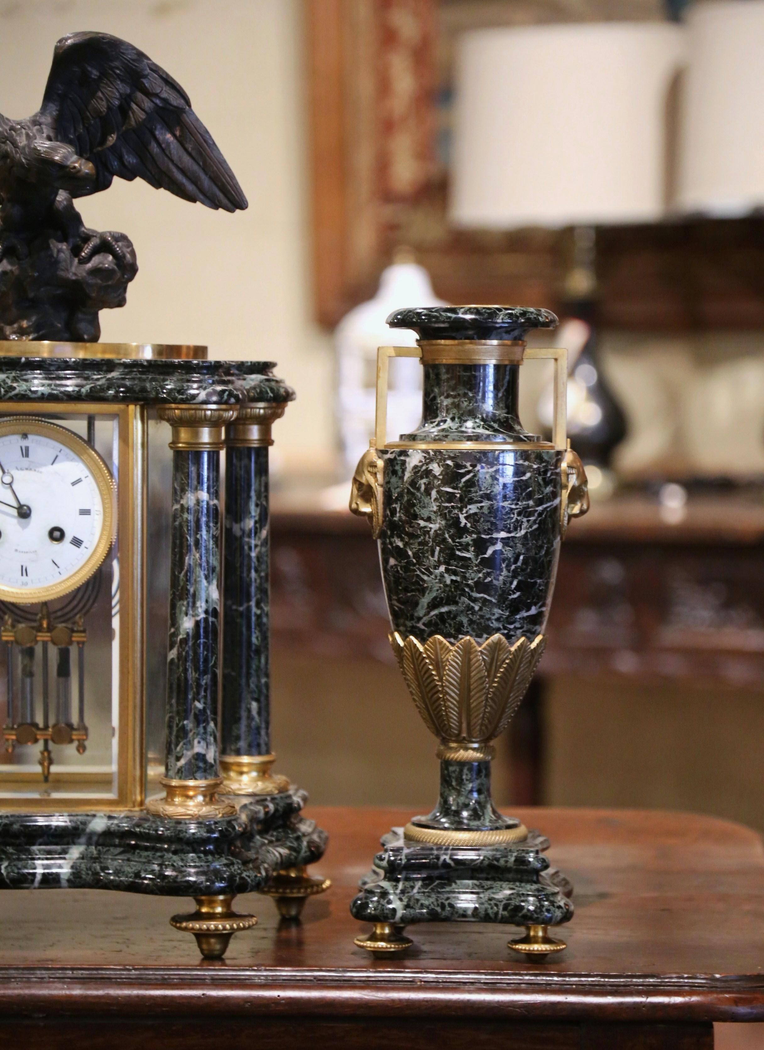 Glass 19th Century French Empire Marble & Bronze Mantel Clock with Cassolettes For Sale