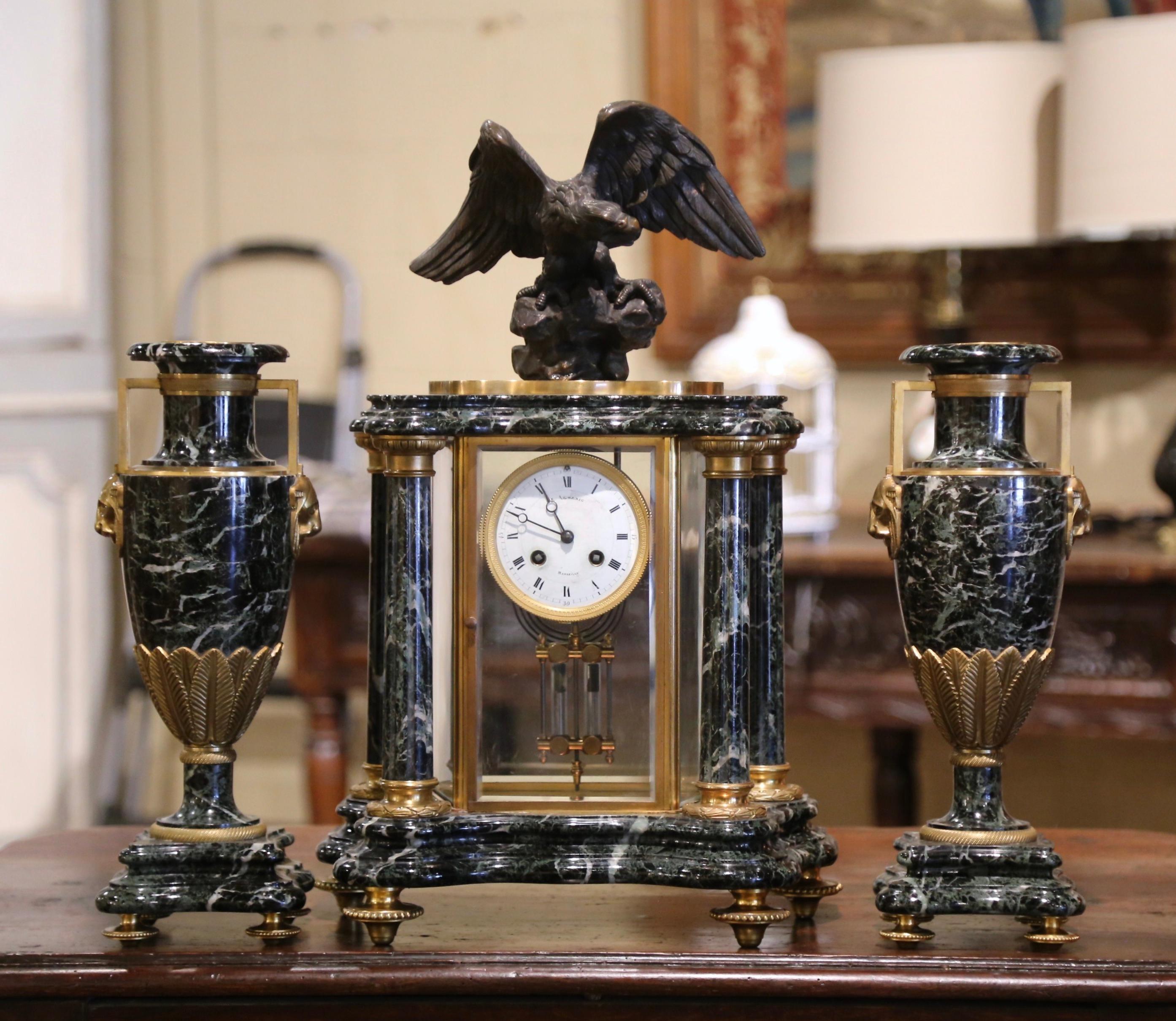 19th Century French Empire Marble & Bronze Mantel Clock with Cassolettes For Sale 1