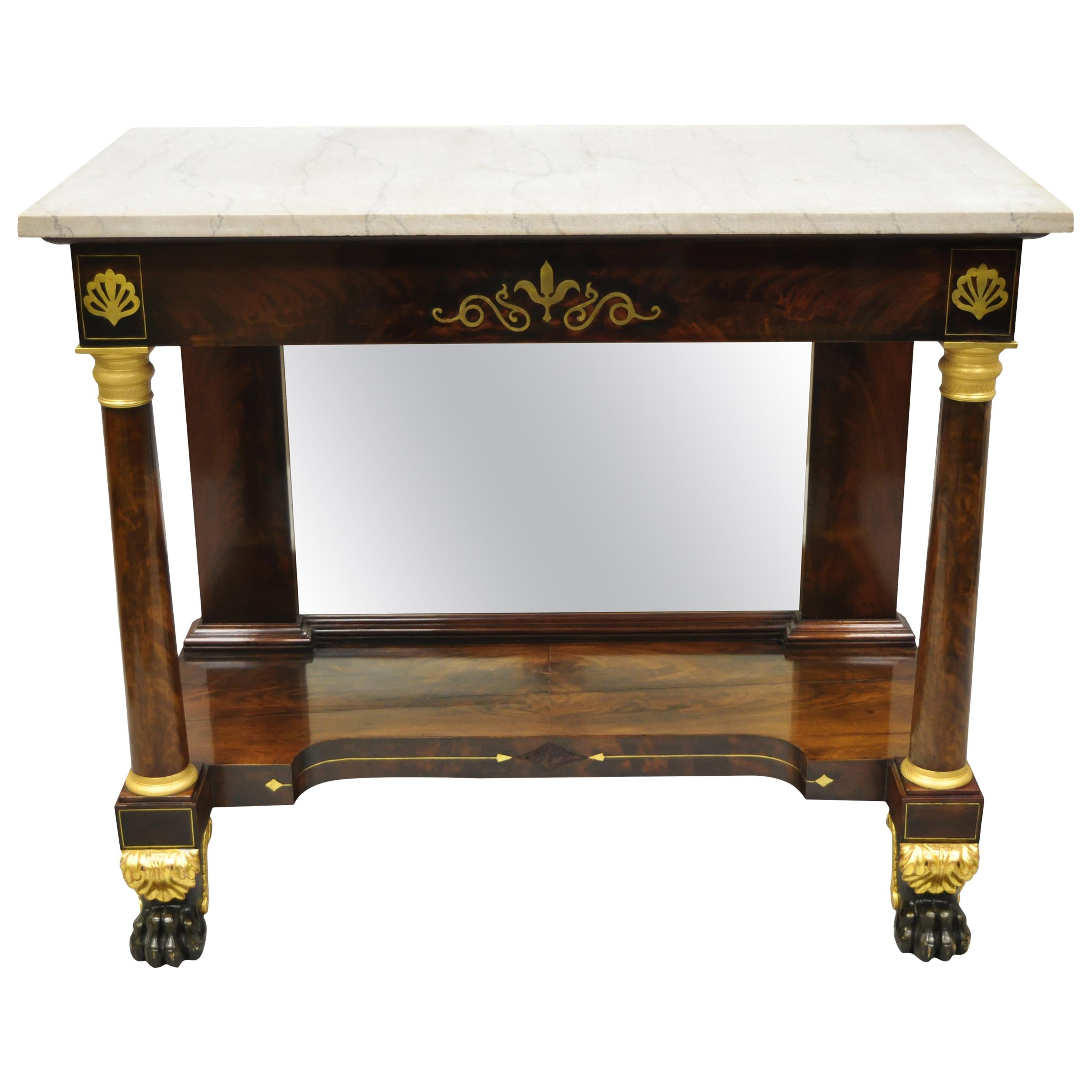 19th Century French Empire Marble-Top Bronze Ormolu Paw Feet Console Hall Table