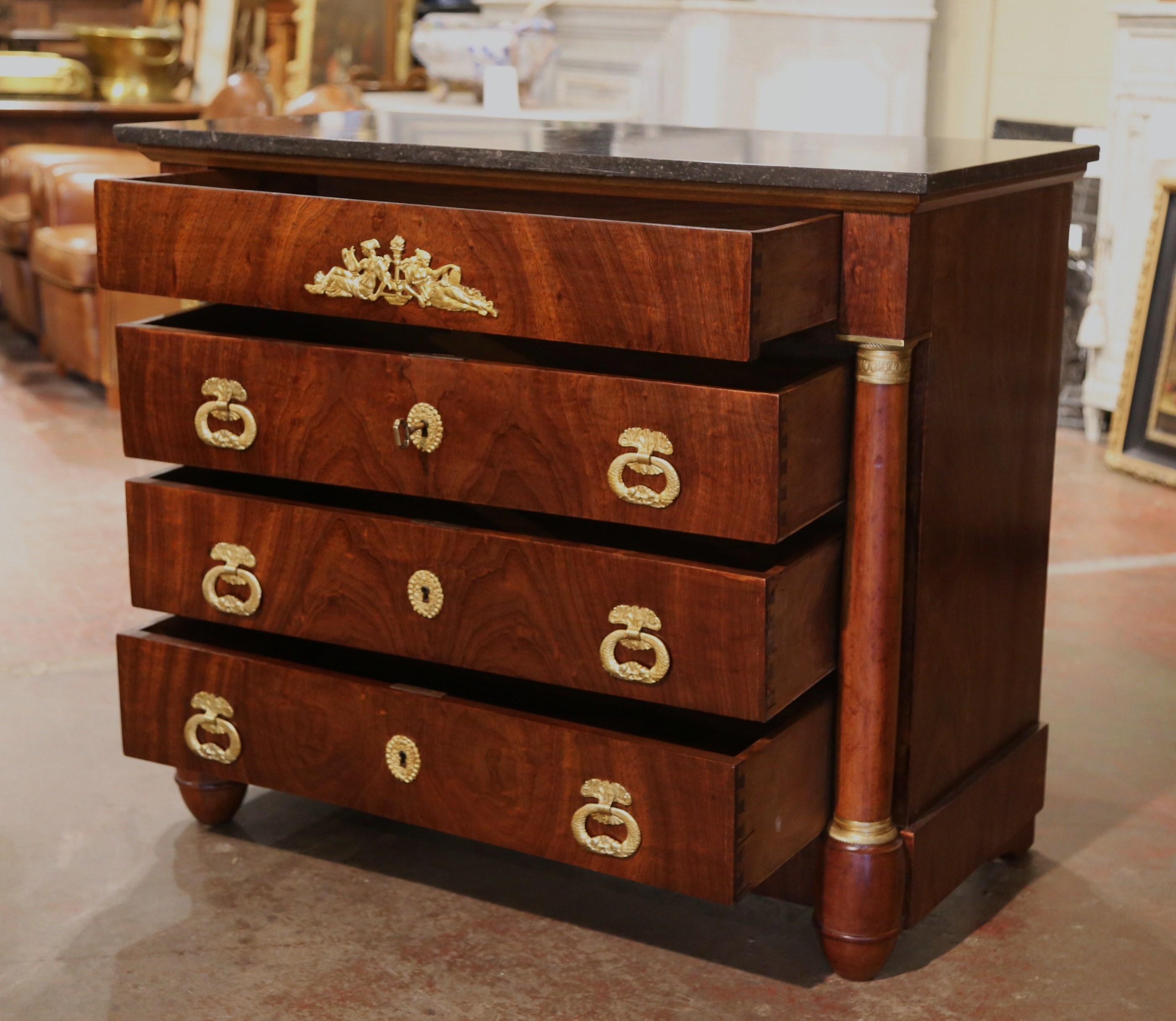 19th Century French Empire Marble Top Carved Chestnut & Ormolu Chest of Drawers For Sale 7