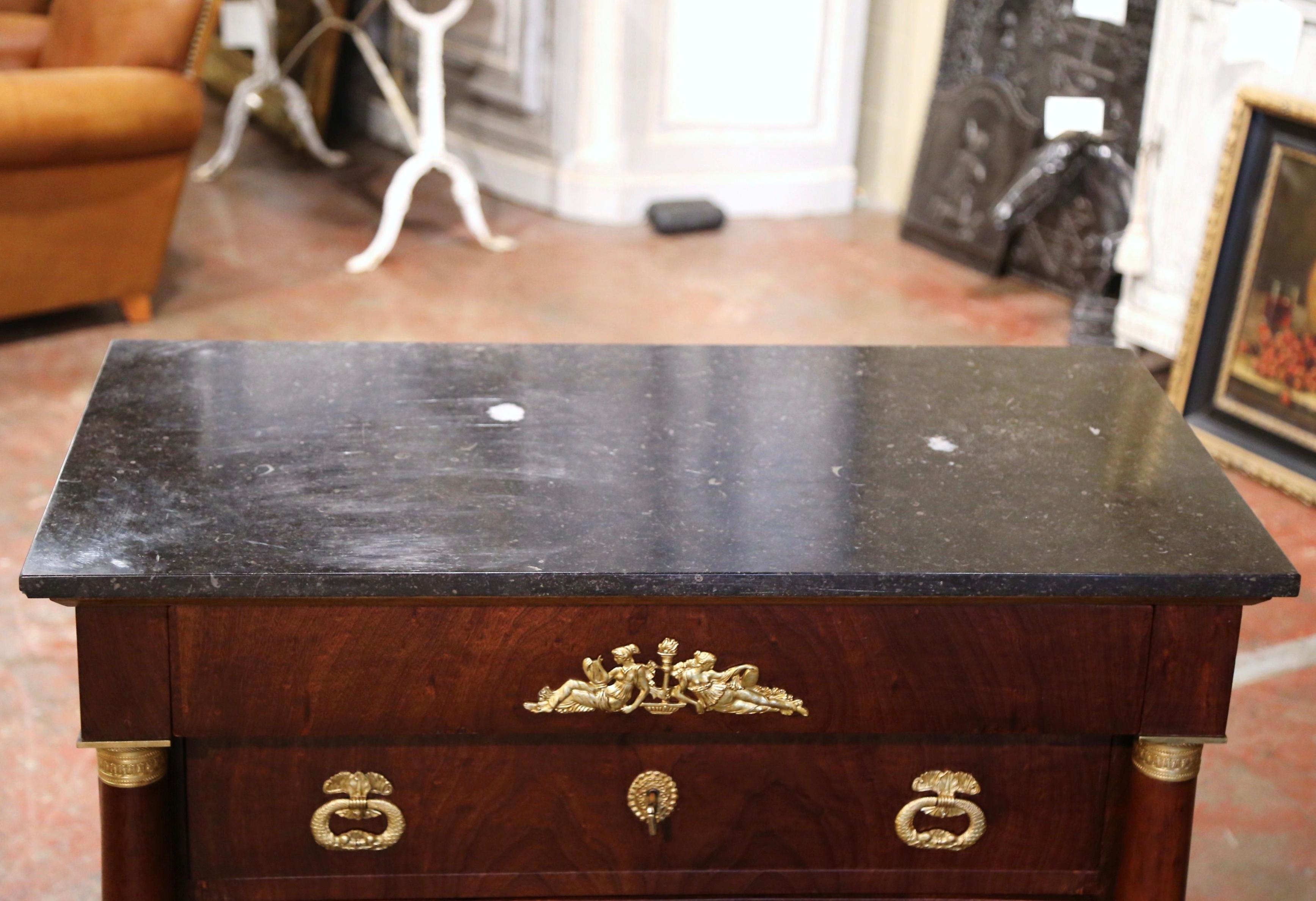 Hand-Carved 19th Century French Empire Marble Top Carved Chestnut & Ormolu Chest of Drawers For Sale