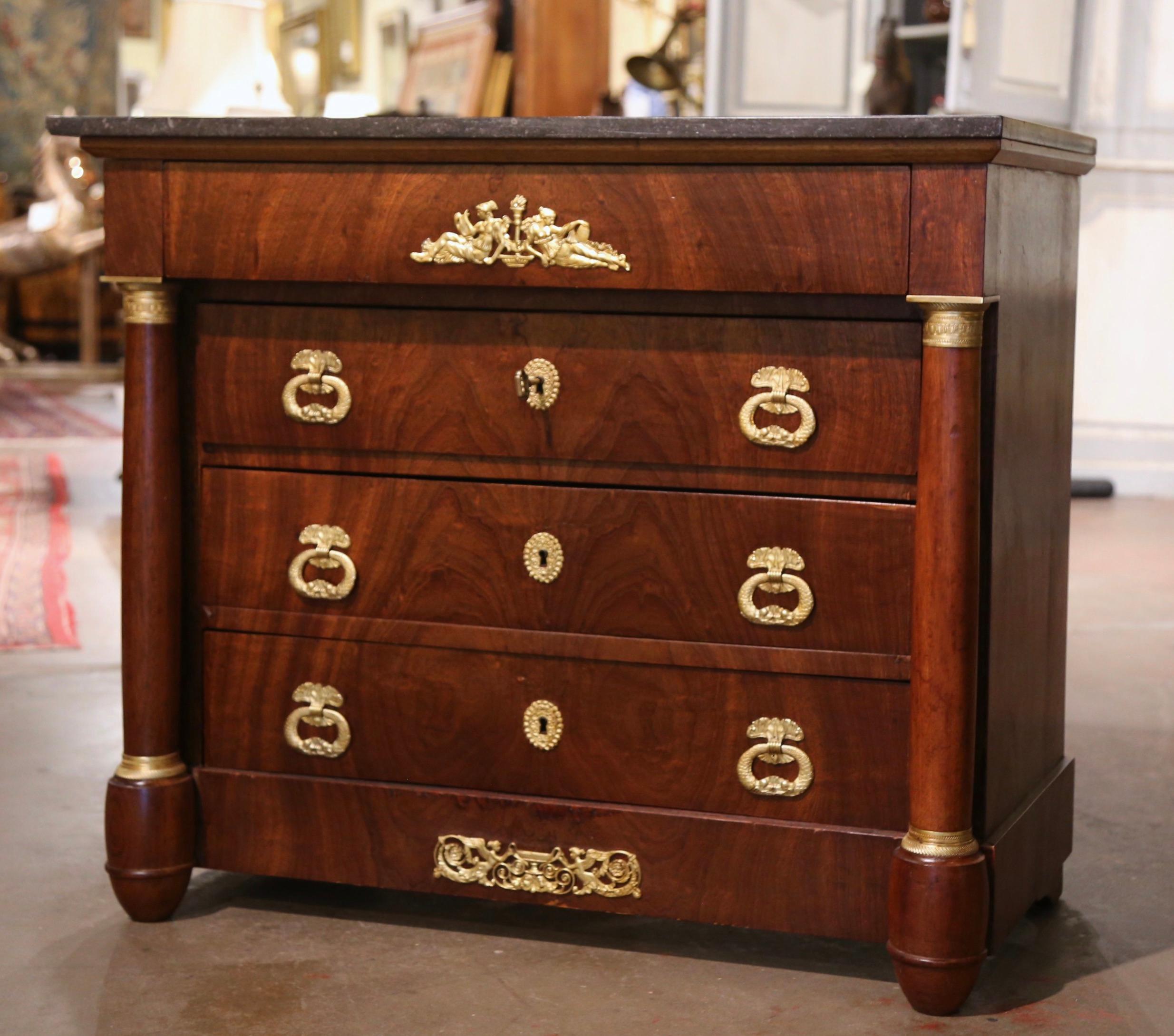 19th Century French Empire Marble Top Carved Chestnut & Ormolu Chest of Drawers For Sale 2