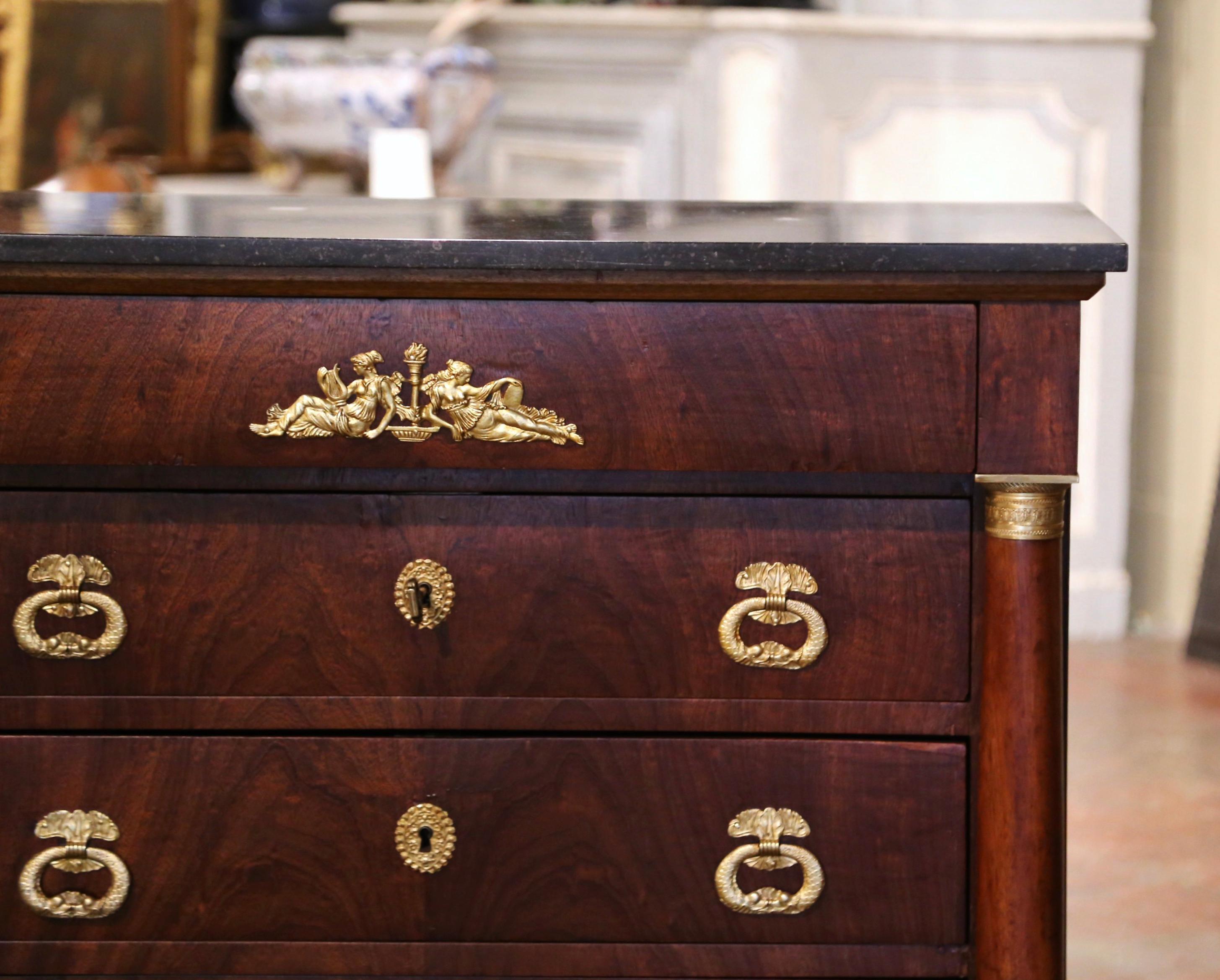 19th Century French Empire Marble Top Carved Chestnut & Ormolu Chest of Drawers For Sale 3
