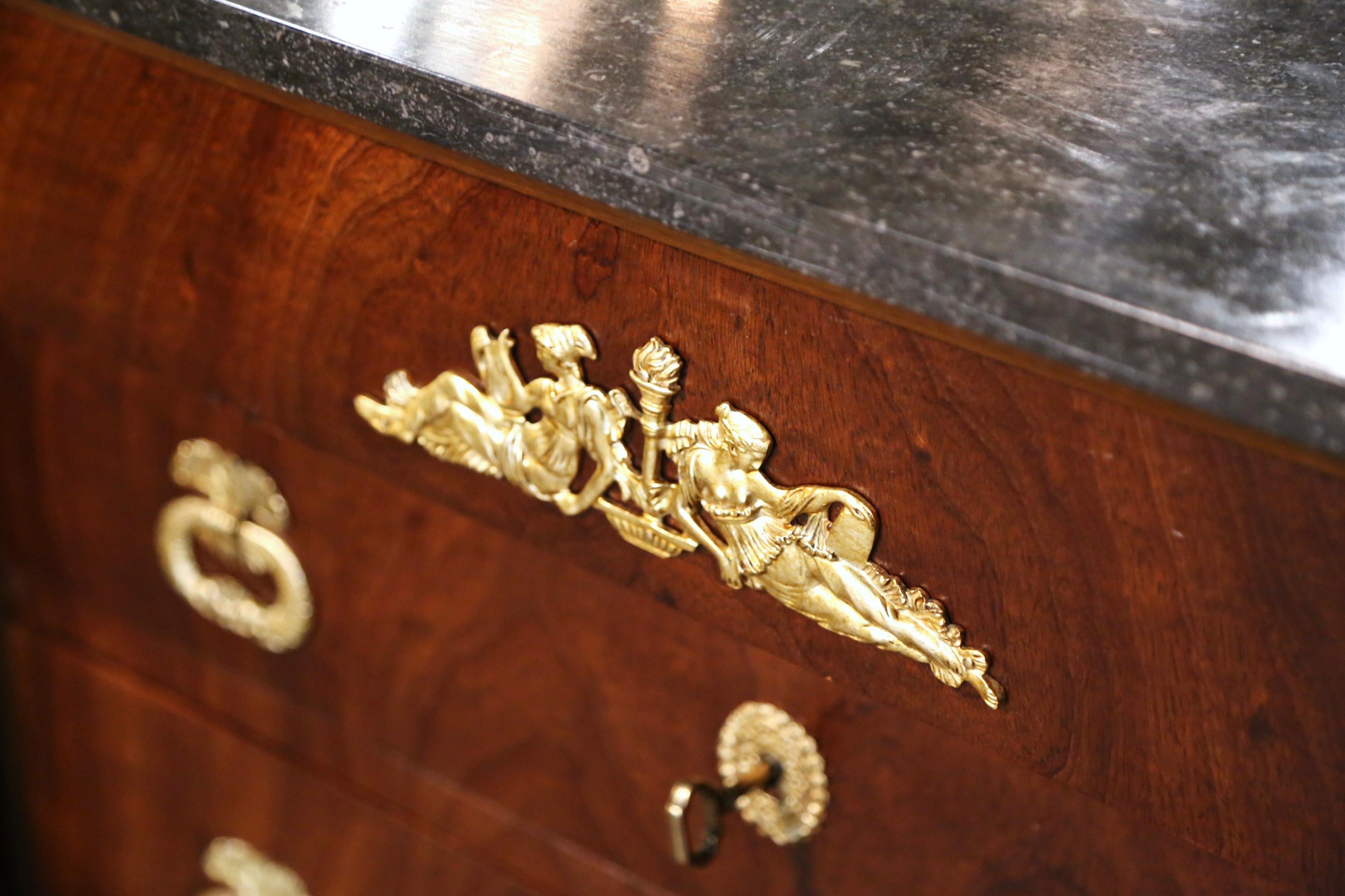 19th Century French Empire Marble Top Carved Chestnut & Ormolu Chest of Drawers For Sale 4