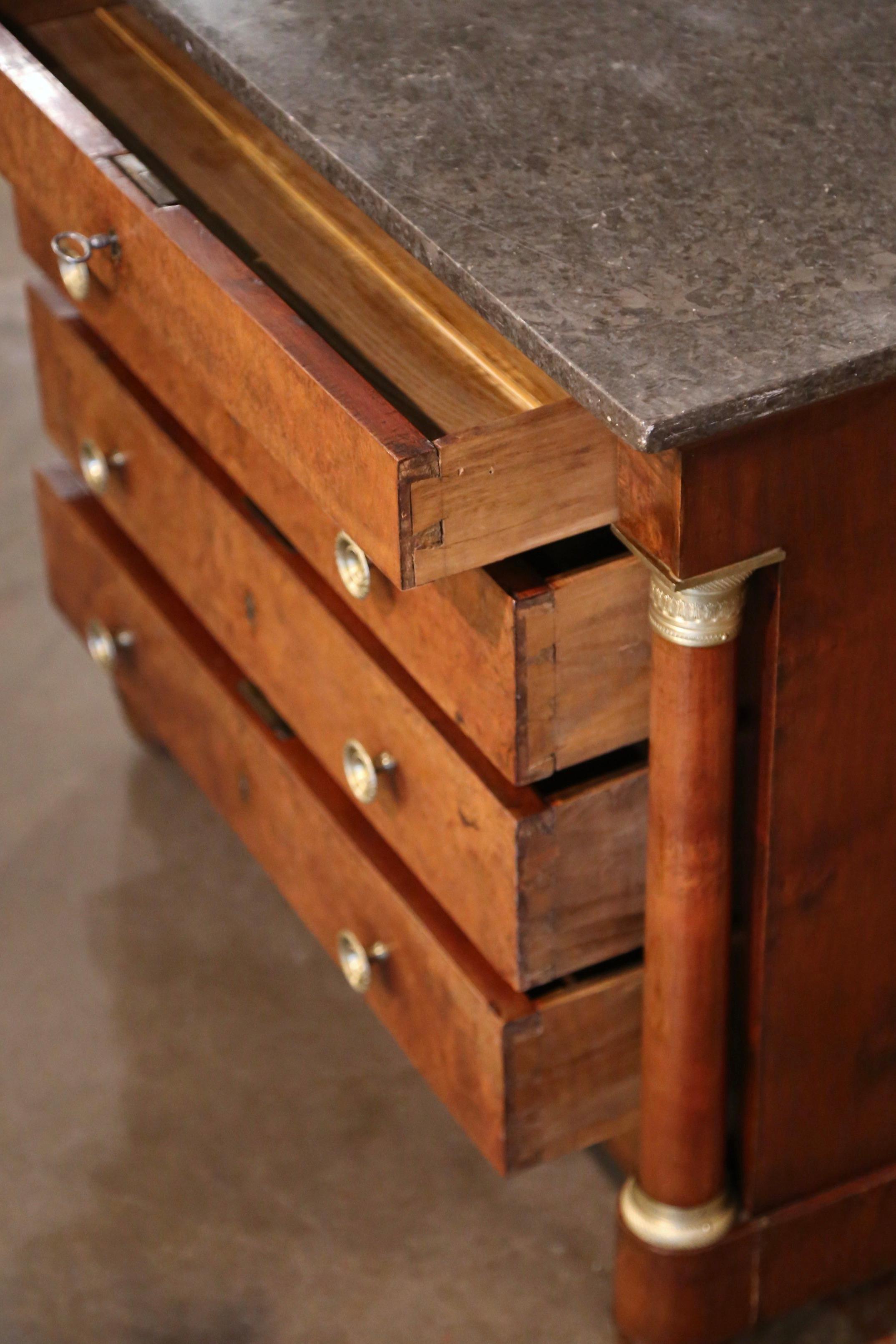 19th Century French Empire Marble Top Carved Veneer Elm Commode Chest of Drawers For Sale 5