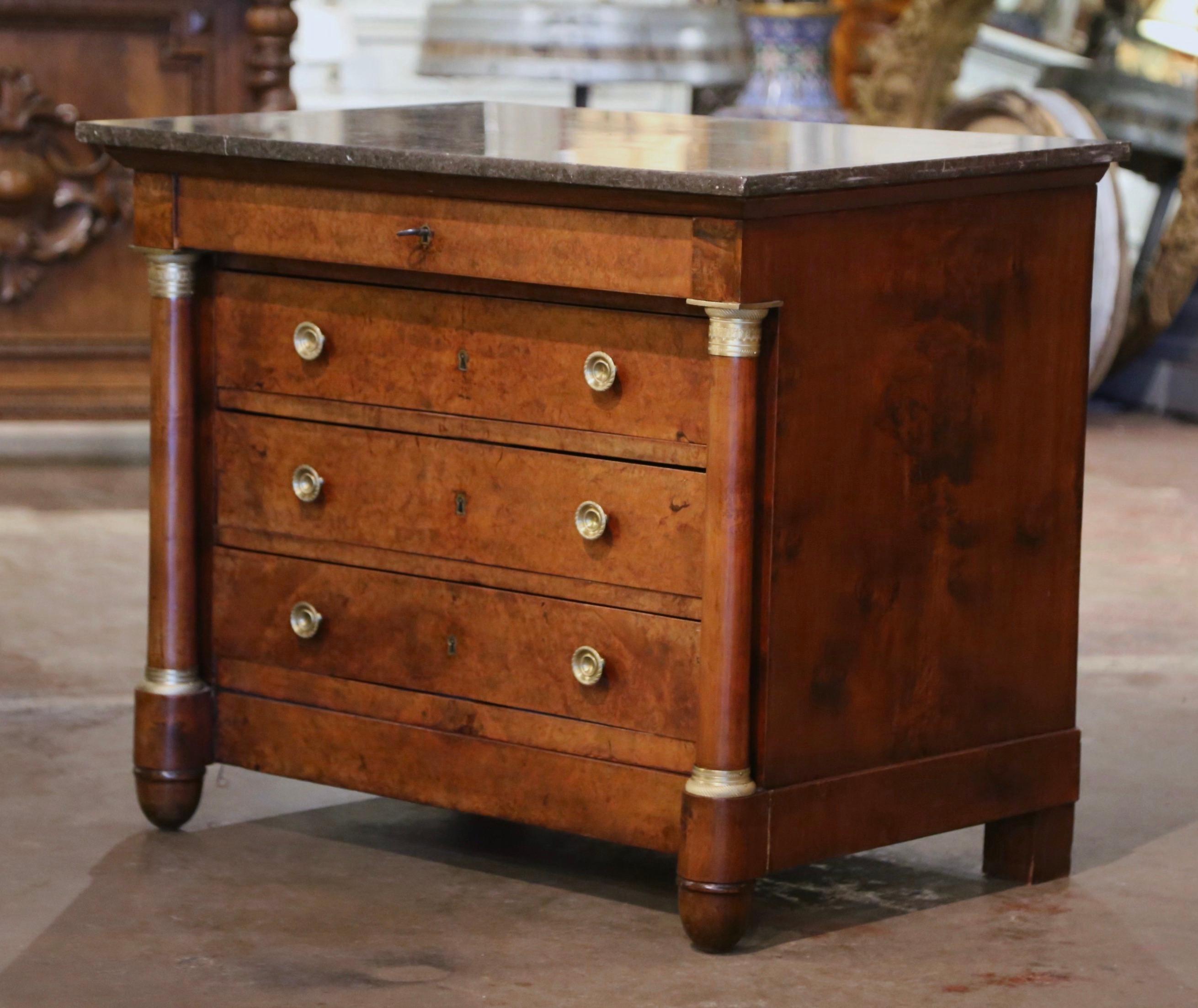 19th Century French Empire Marble Top Carved Veneer Elm Commode Chest of Drawers For Sale 6
