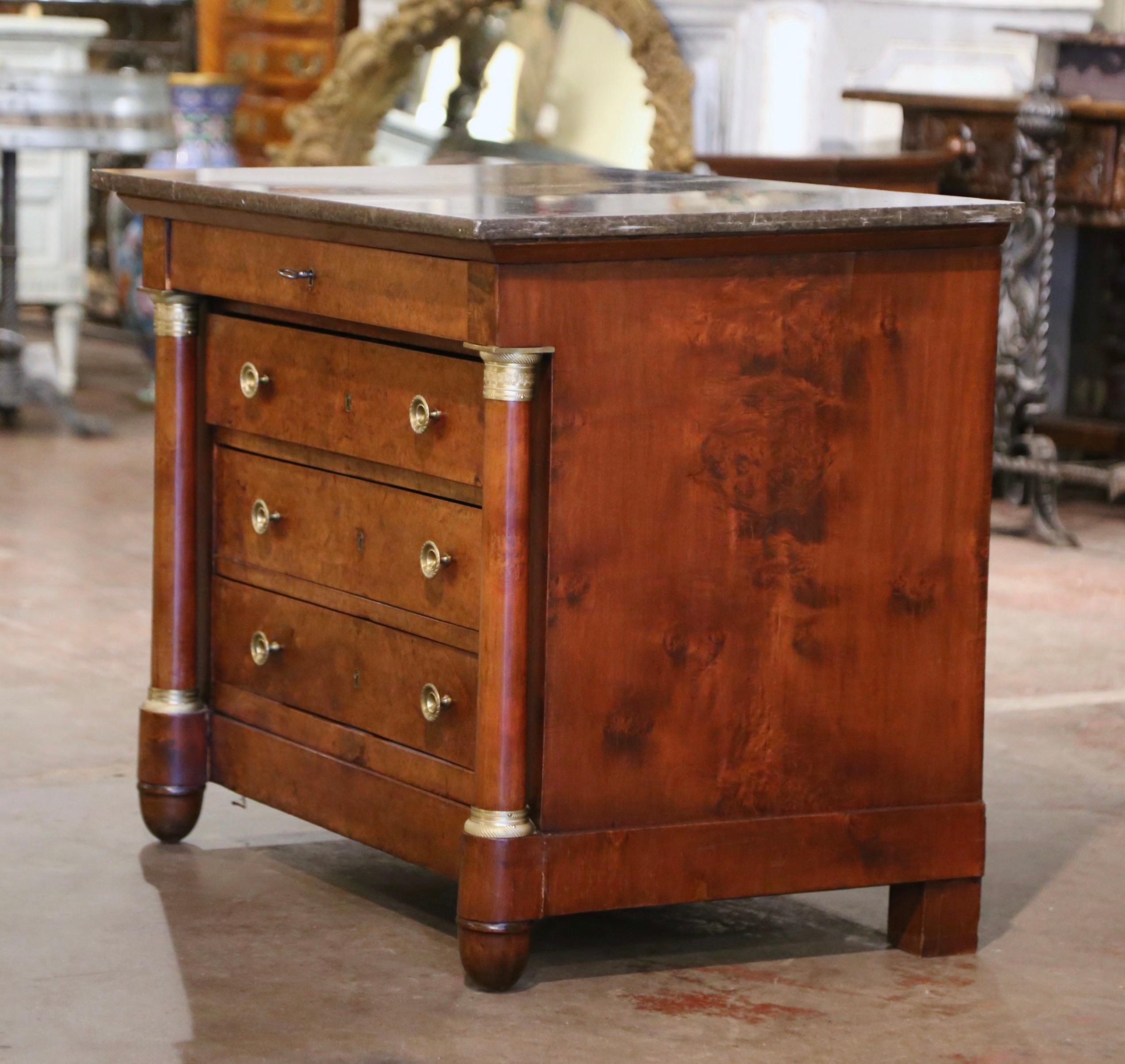 19th Century French Empire Marble Top Carved Veneer Elm Commode Chest of Drawers For Sale 7