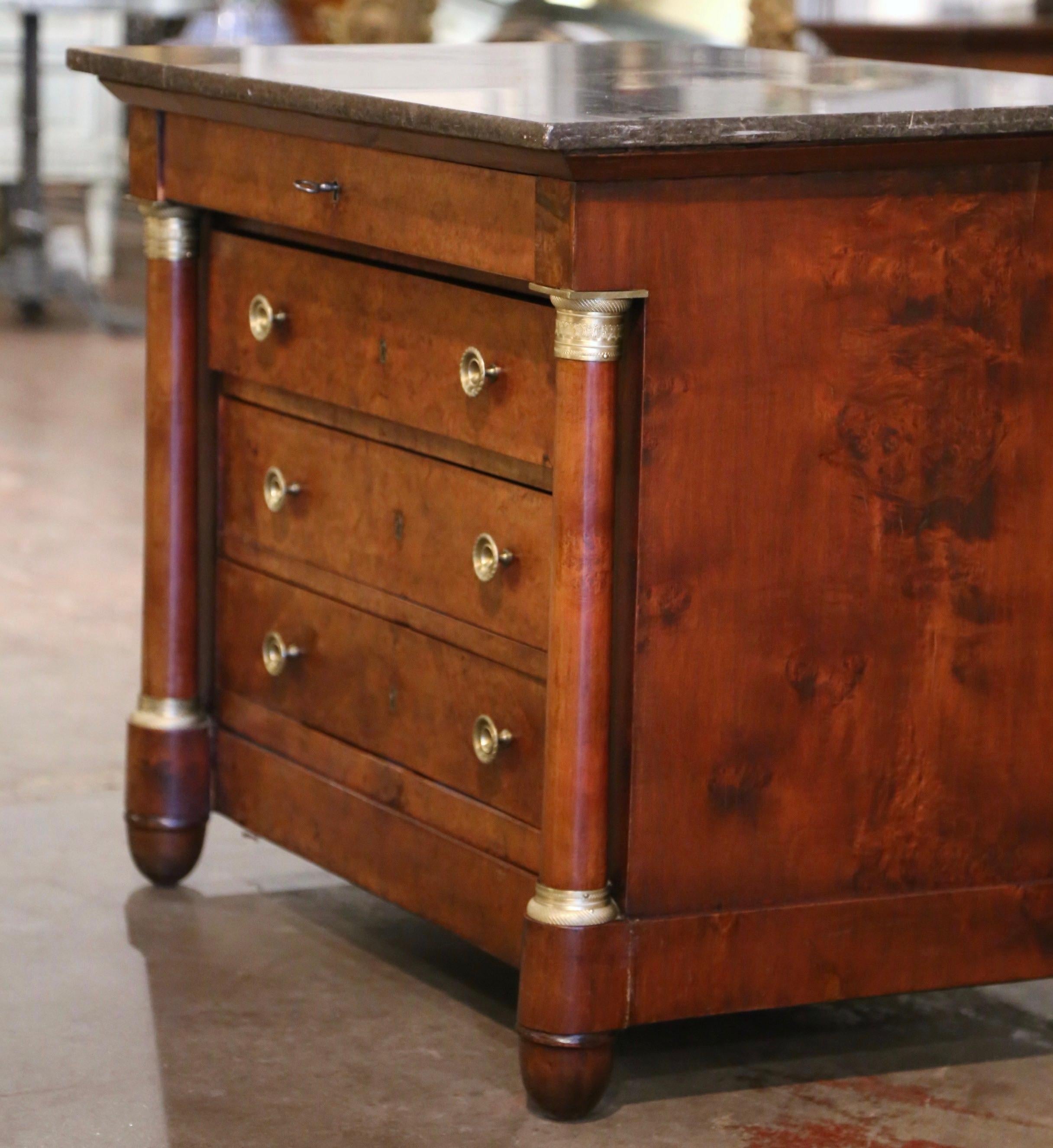 19th Century French Empire Marble Top Carved Veneer Elm Commode Chest of Drawers For Sale 8